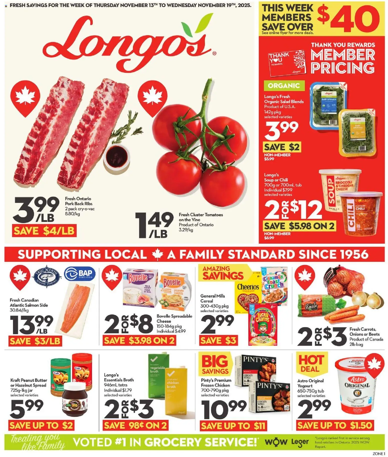 Longo's flyer valid from 13.11.2025 | Page: 1 | Products: Bag, Cheese, Chicken, Tomatoes