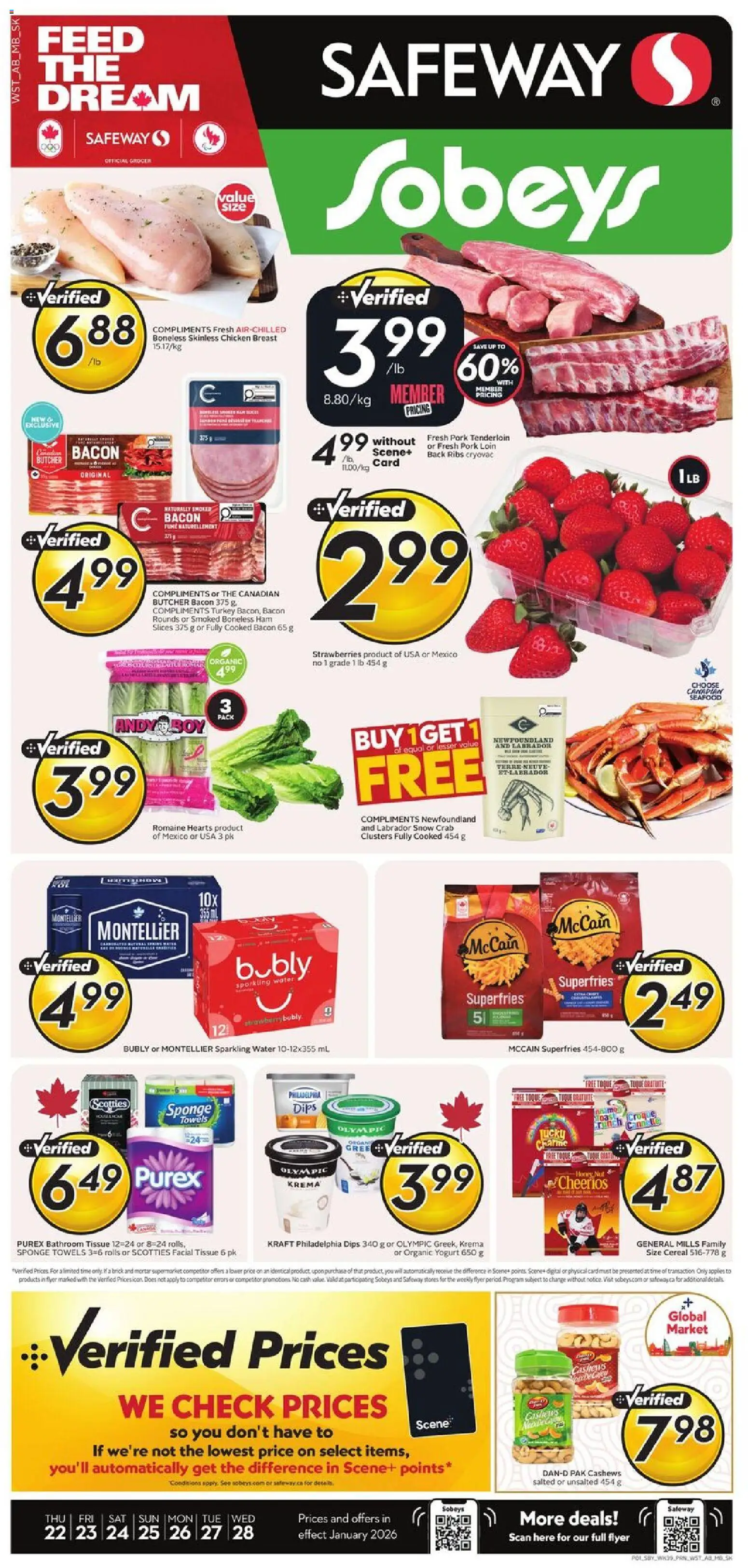 Safeway flyer valid from 22.01.2026 | Page: 1 | Products: Strawberries, Ham, Chicken, Pork