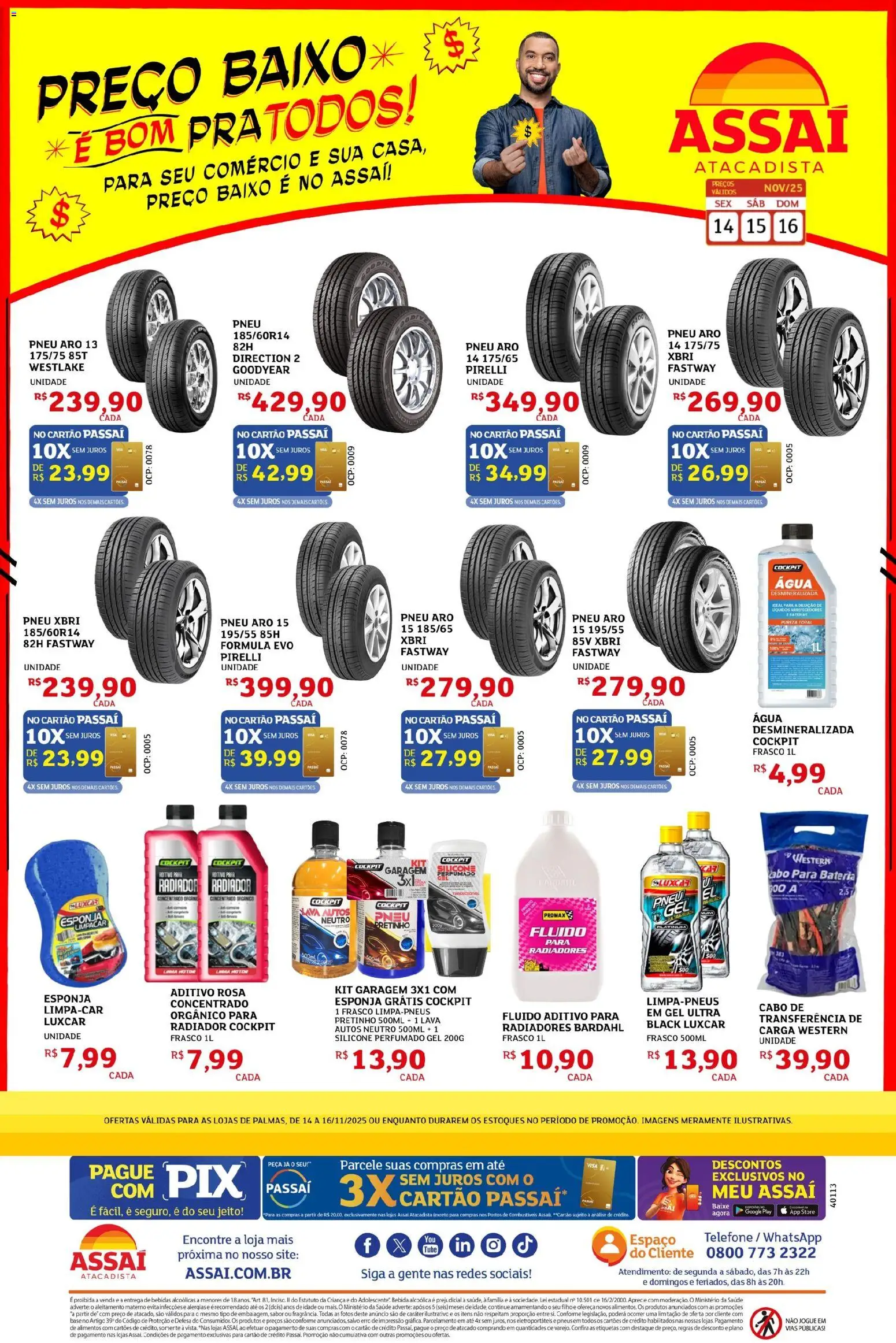 Assaí Atacadista Folheto - válido de 14.11.2025 | Página: 1 | Produtos: Pneu, Baixo, Bebida, Pirelli