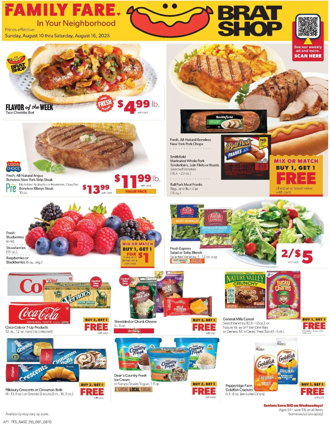 Family Fare Weekly Ad - valid from 10.08.2025 | Page: 1 | Products: Romaine, Pork, Strawberries, Ice cream