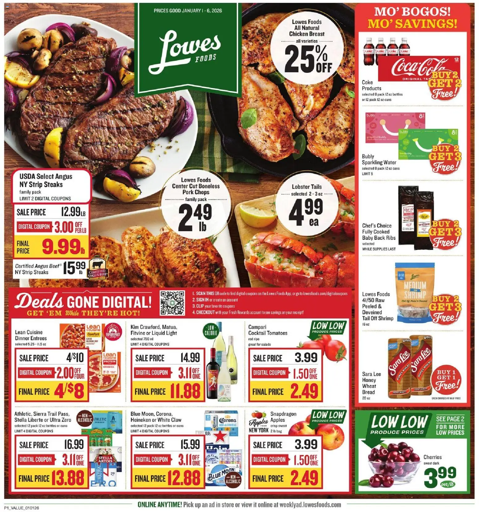 Lowes Foods Weekly Ad - NC - valid from 01.01.2026 | Page: 1 | Products: Cherries, Tomatoes, Beef, Bag