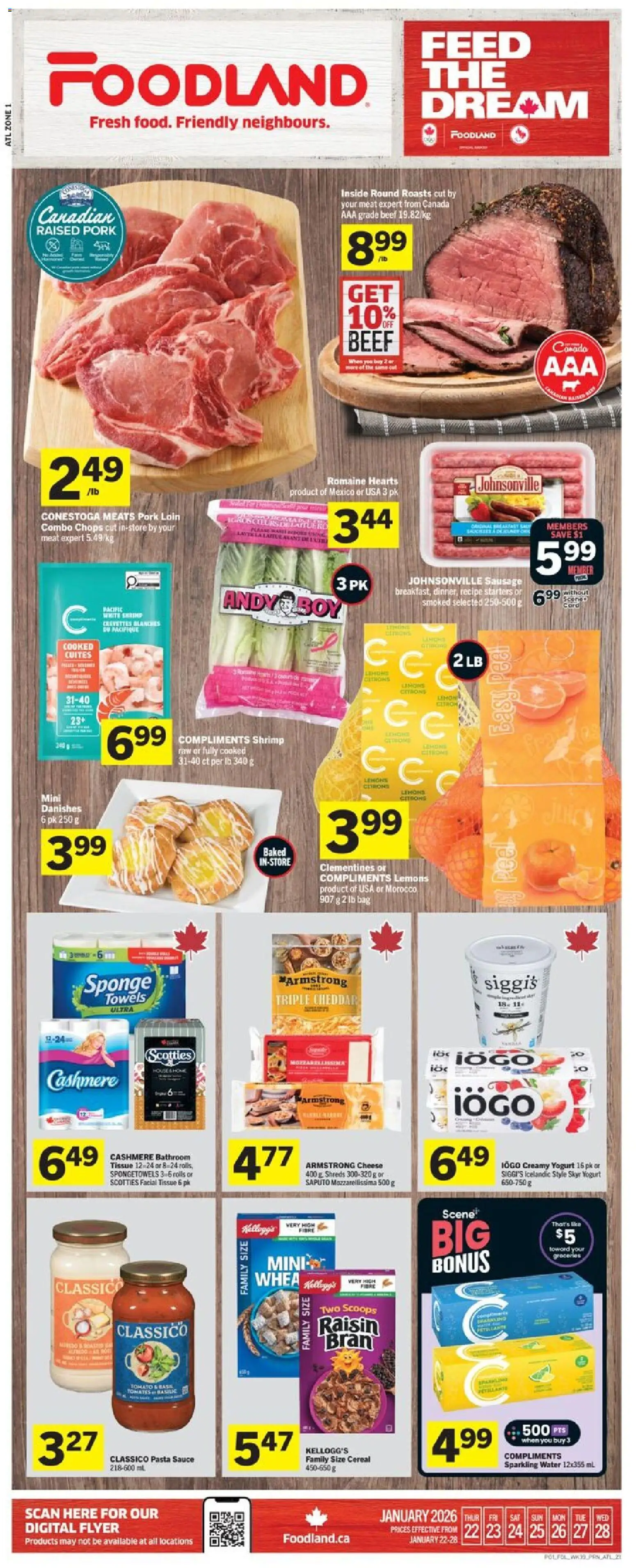 Foodland flyer valid from 22.01.2026 | Page: 1 | Products: Beef, Pasta, Yogurt, Pork