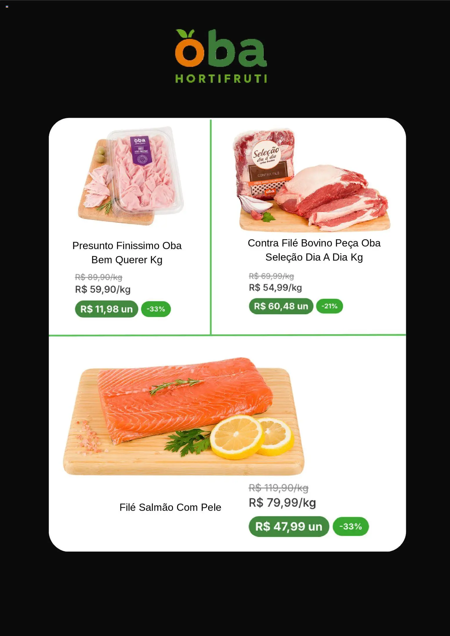 Oba Hortifruti Folheto - válido de 28.11.2025 | Página: 3 | Produtos: Salmão, Contra filé, Presunto