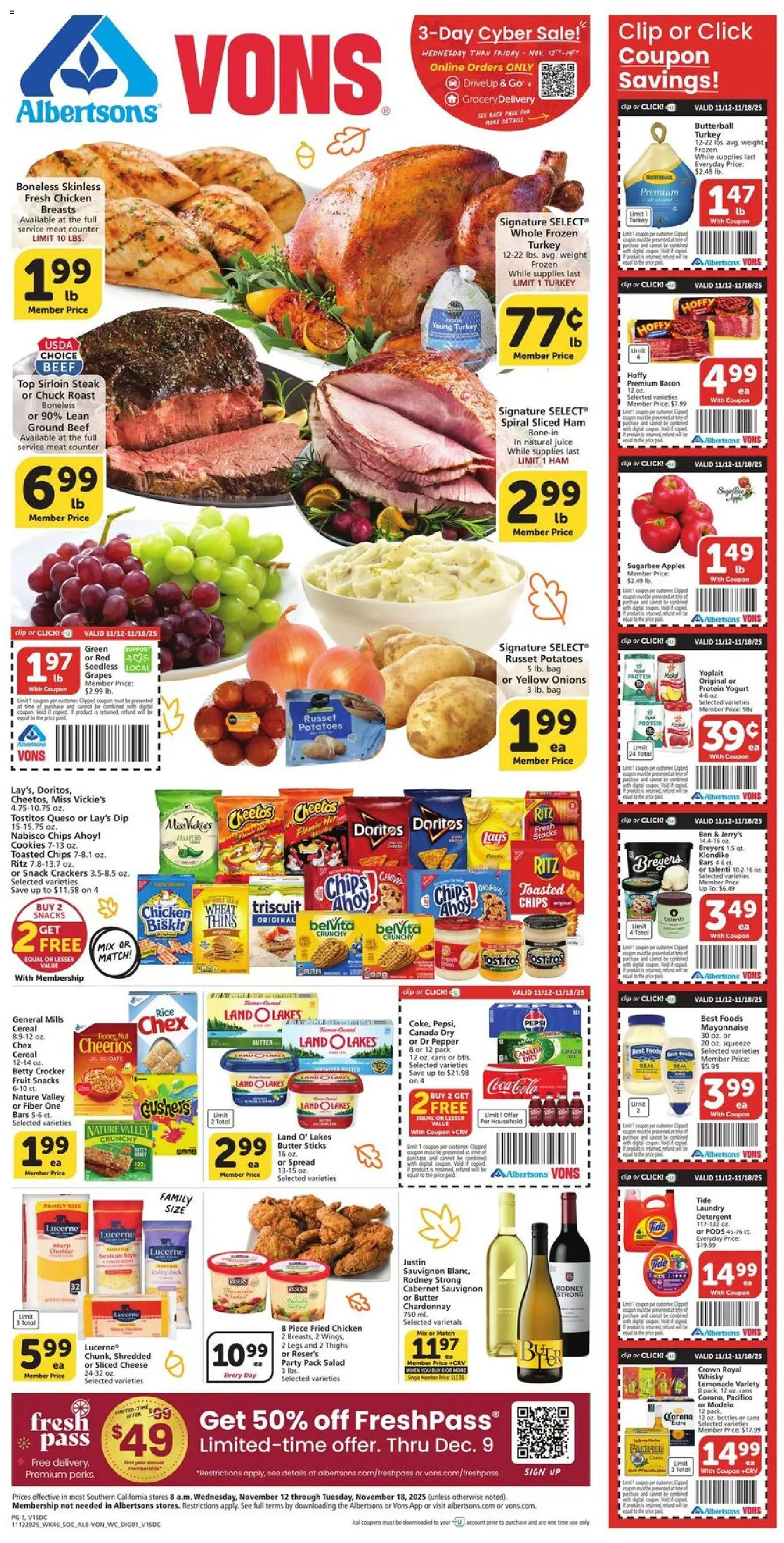 Vons Weekly Ad - valid from 12.11.2025 | Page: 1 | Products: Cheese, Ham, Apples, Rice