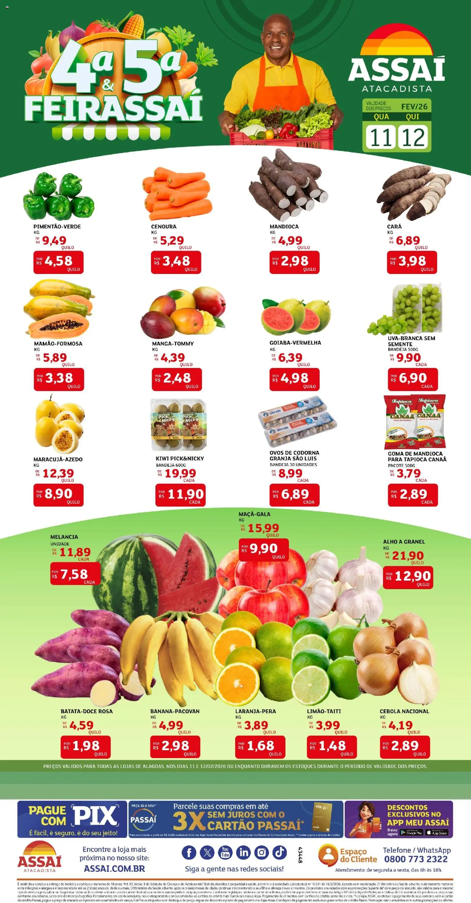 Assaí Atacadista Folheto - válido de 11.02.2026 | Página: 1 | Produtos: Mandioca, Kiwi, Cenoura, Bebida