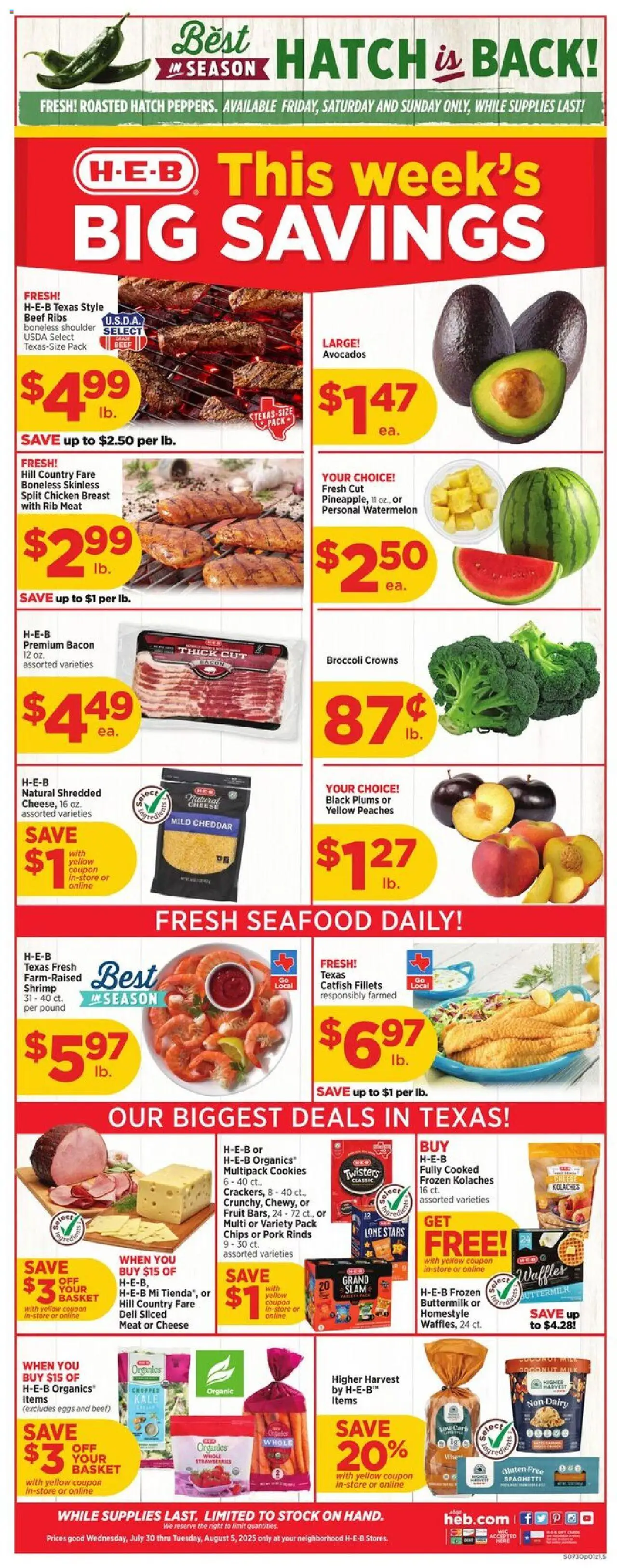H-E-B Weekly Ad - valid from 30.07.2025 | Page: 1 | Products: Cheese, Strawberries, Chips, Watermelon