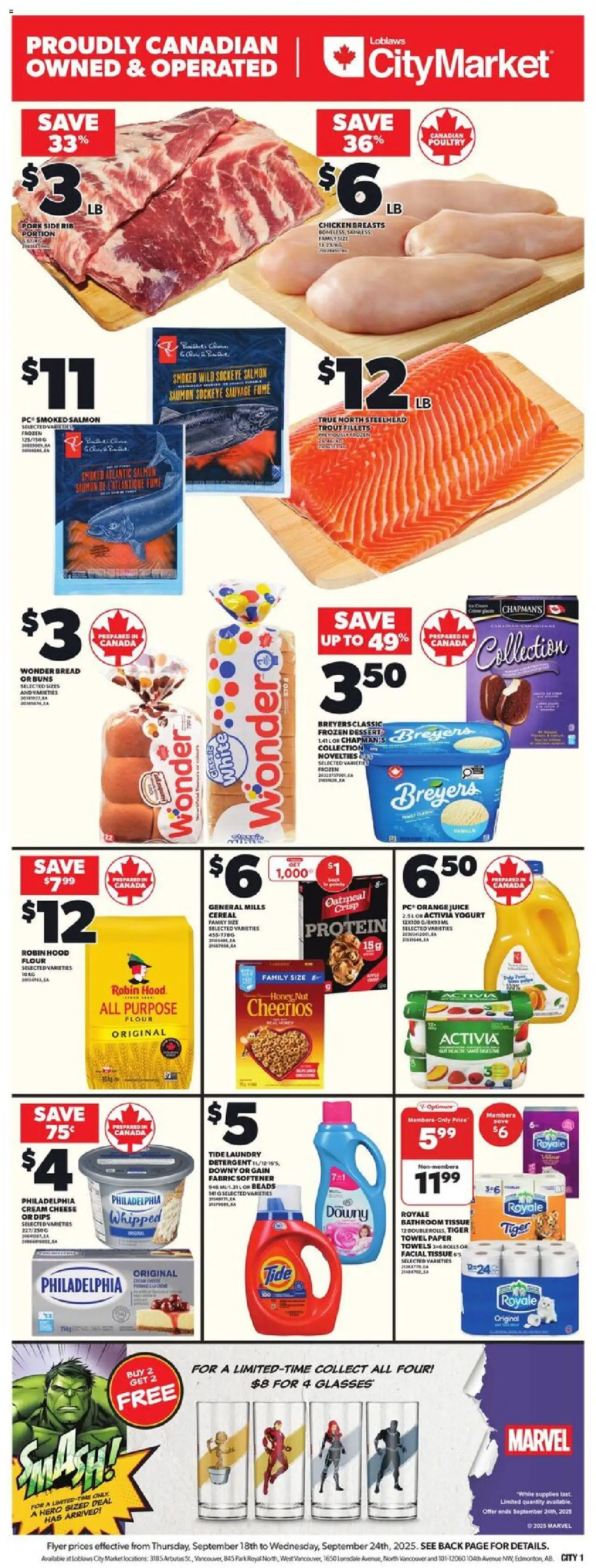Loblaws flyer valid from 18.09.2025 | Page: 3 | Products: Cheese, Yogurt, Bread, Pork