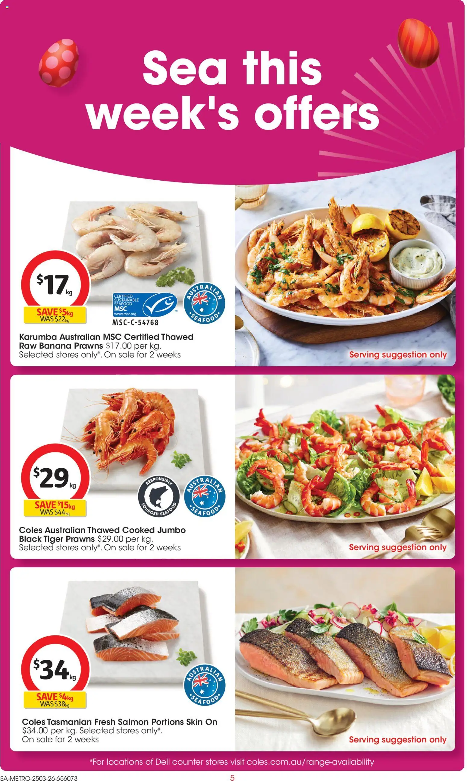 Coles catalogue - valid from 25.03.2026 | Page: 5 | Products: Prawns, Salmon, Sustainable, Seafood