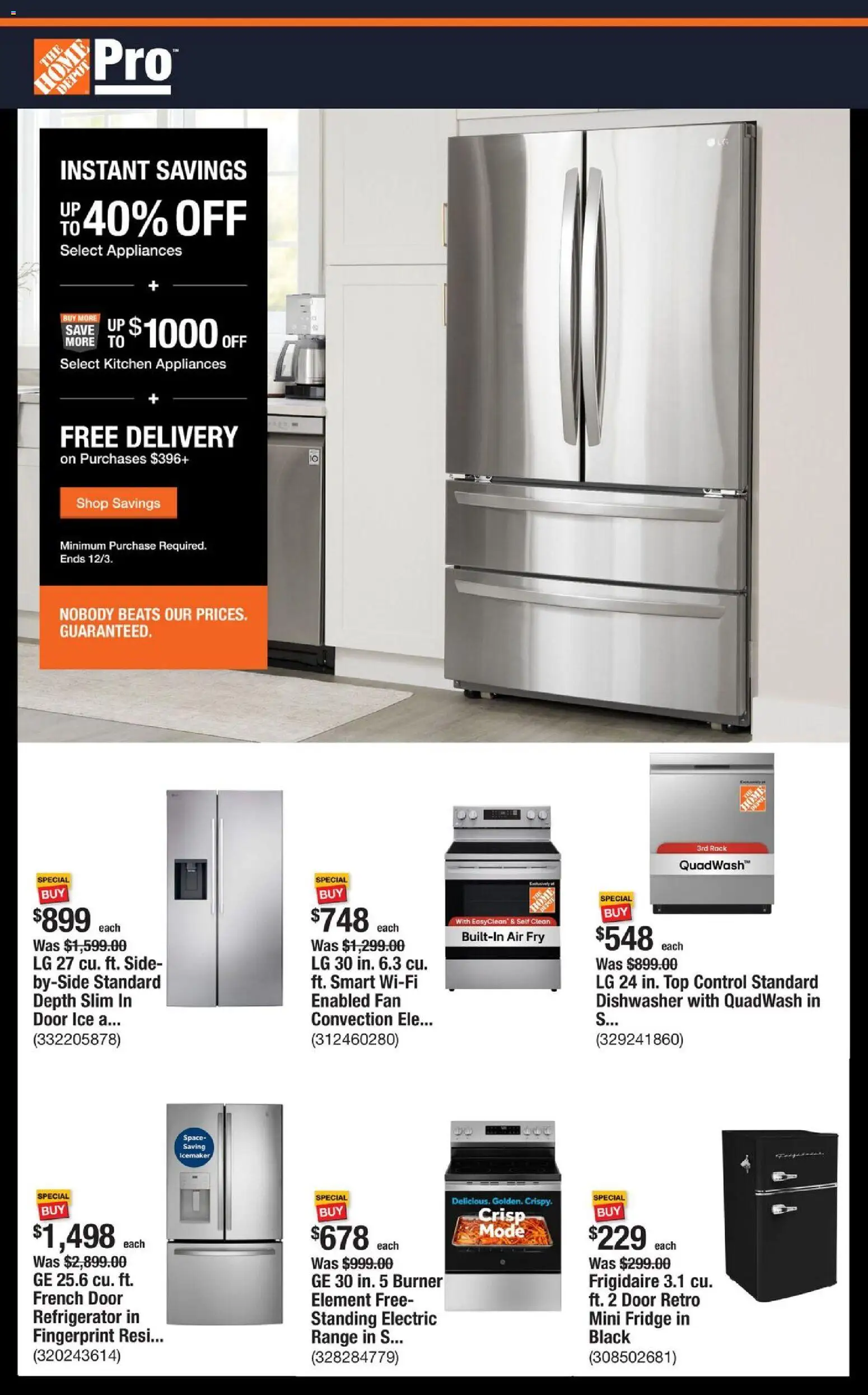 Home Depot Shop Pro Ad - CA - valid from 17.11.2025 | Page: 1 | Products: Refrigerator, Dishwasher, Fan