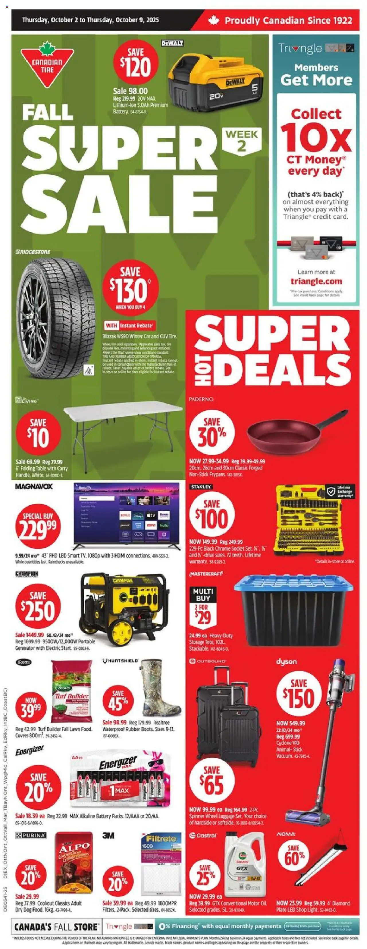 Canadian Tire flyer valid from 02.10.2025 | Page: 1 | Products: Luggage, Table, Socket, Battery