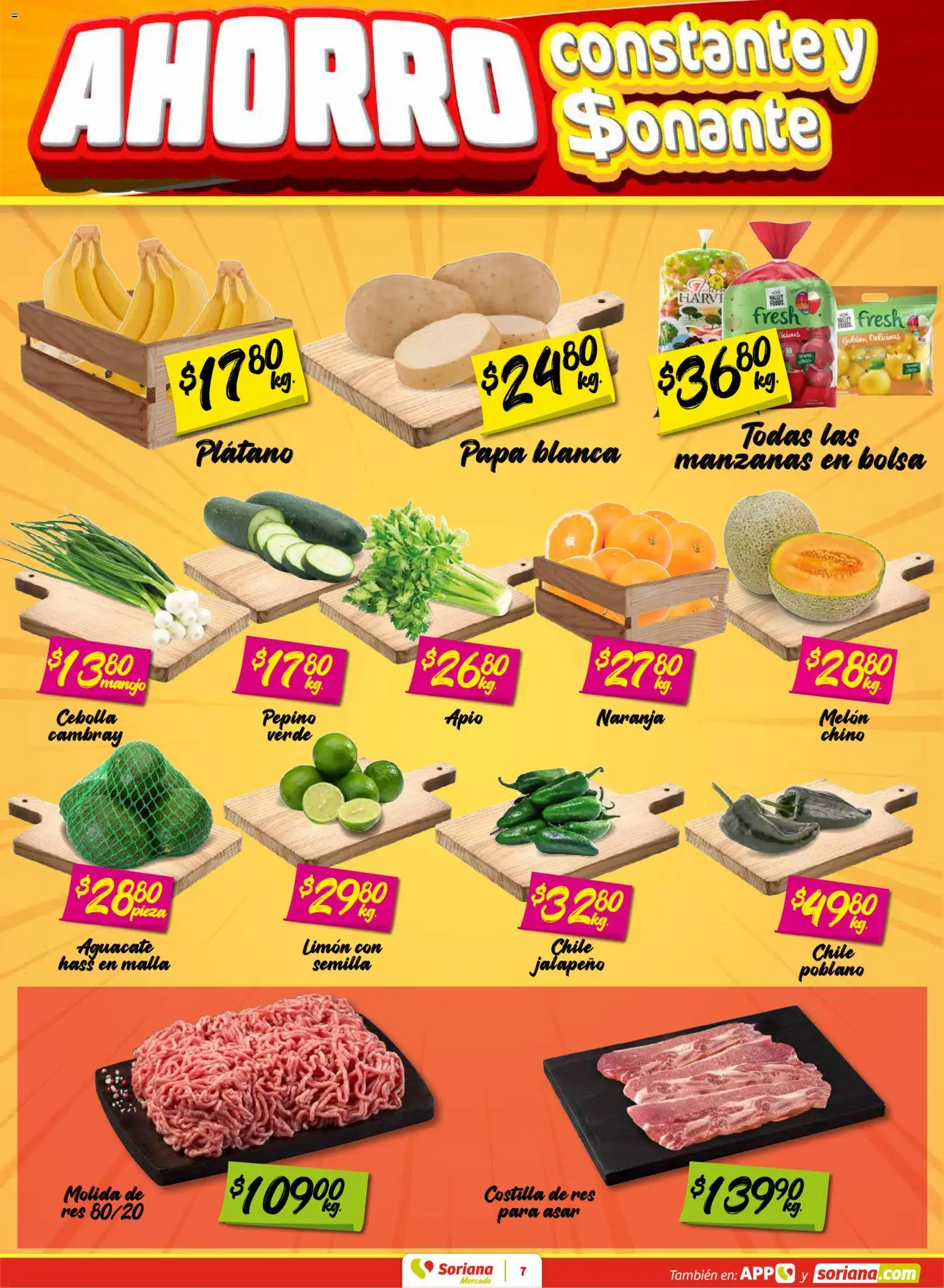 Nuevas ofertas de Soriana válidas en toda la República Mexicana desde el 16.01.2026. ¡Encuentra las mejores ofertas en Soriana - Fin de Semana Mercado: BCS, Son y Sin! | Página: 7 | Productos: Plátano, Papa, Bolsa, Res