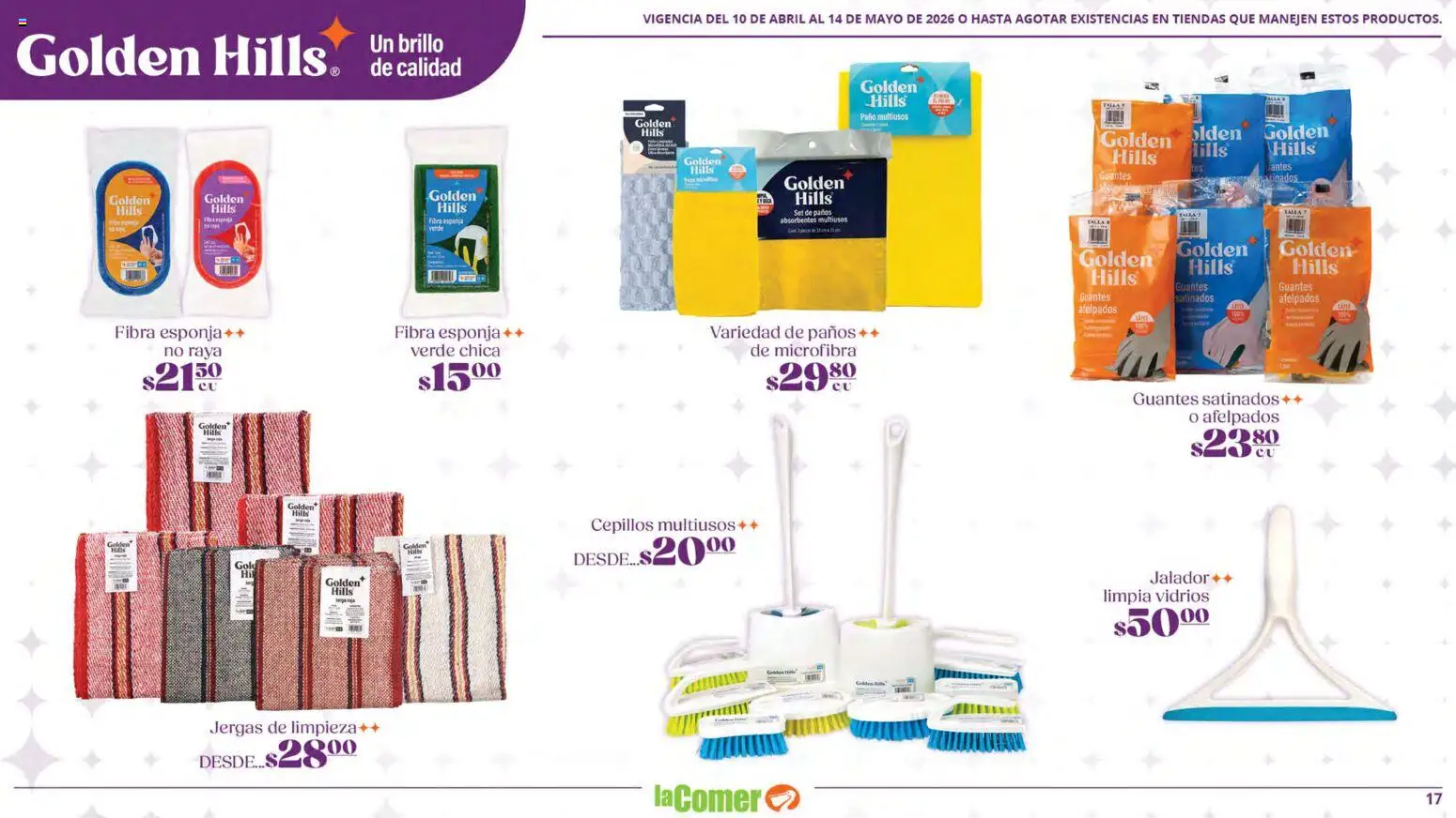 Nuevas ofertas de La Comer válidas en toda la República Mexicana desde el 10.04.2026. ¡Encuentra las mejores ofertas en La Comer folleto Golden Hills! | Página: 17 | Productos: Guantes, Esponja, Brillo