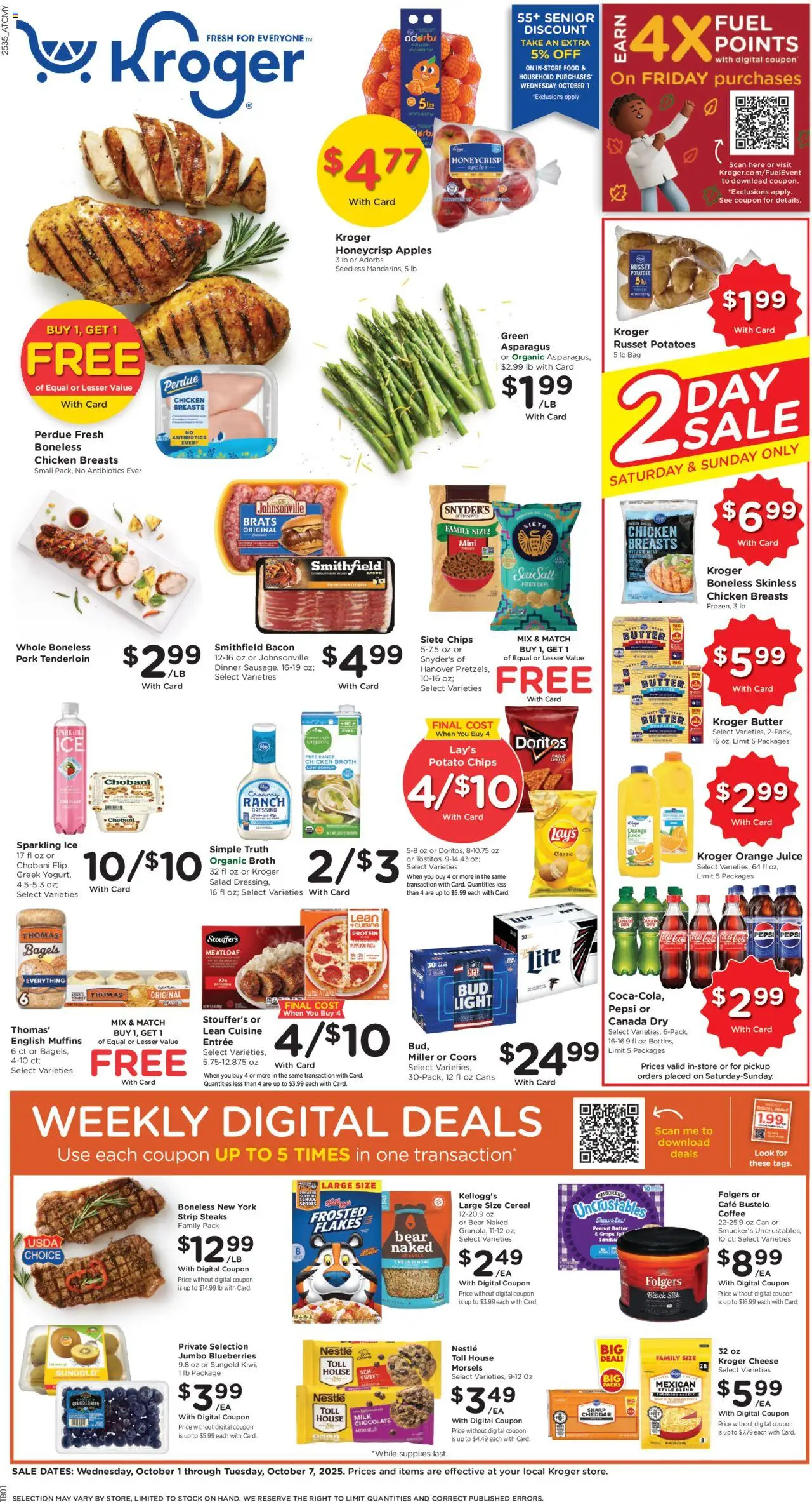 Kroger Weekly Ad - valid from 01.10.2025 | Page: 1 | Products: Butter, Chocolate, Pork, Flakes