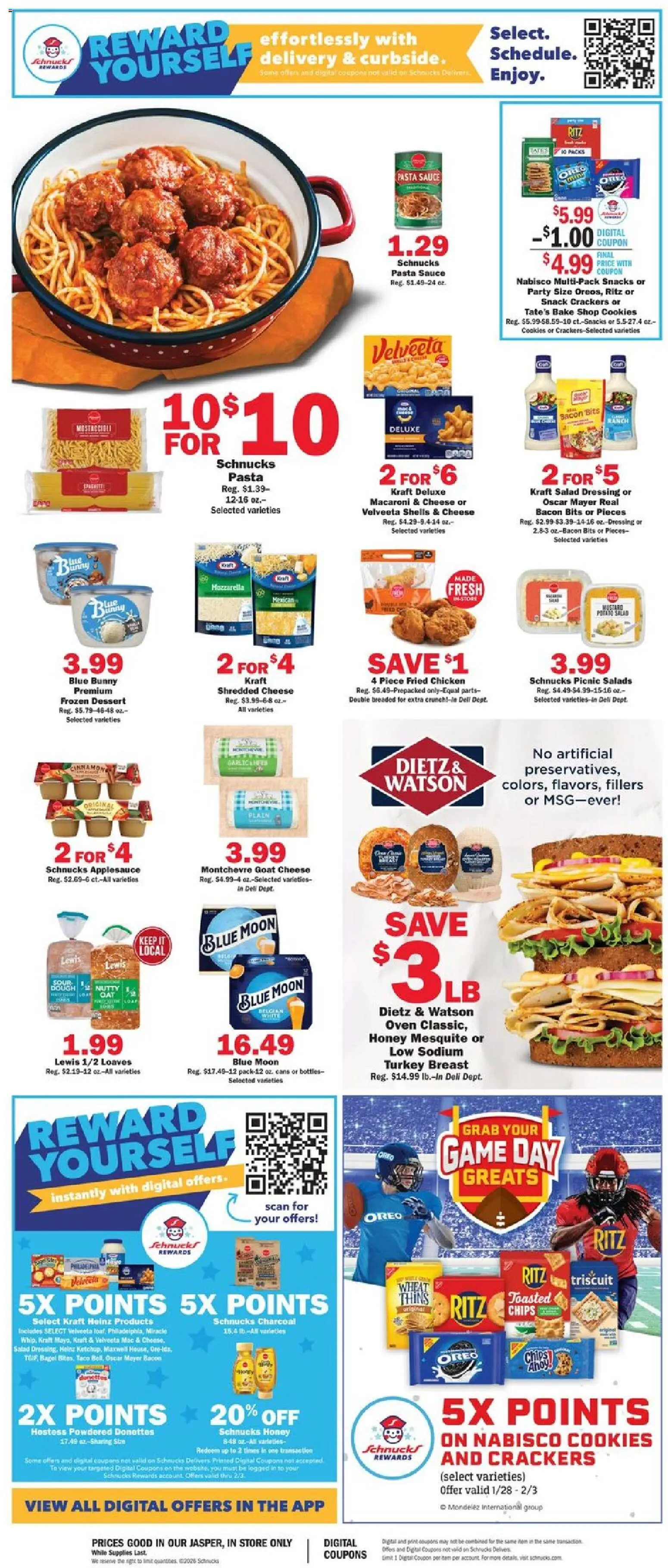 Schnucks Ad - valid from 28.01.2026 | Page: 2 | Products: Chips, Cookies, Salad, Sauce