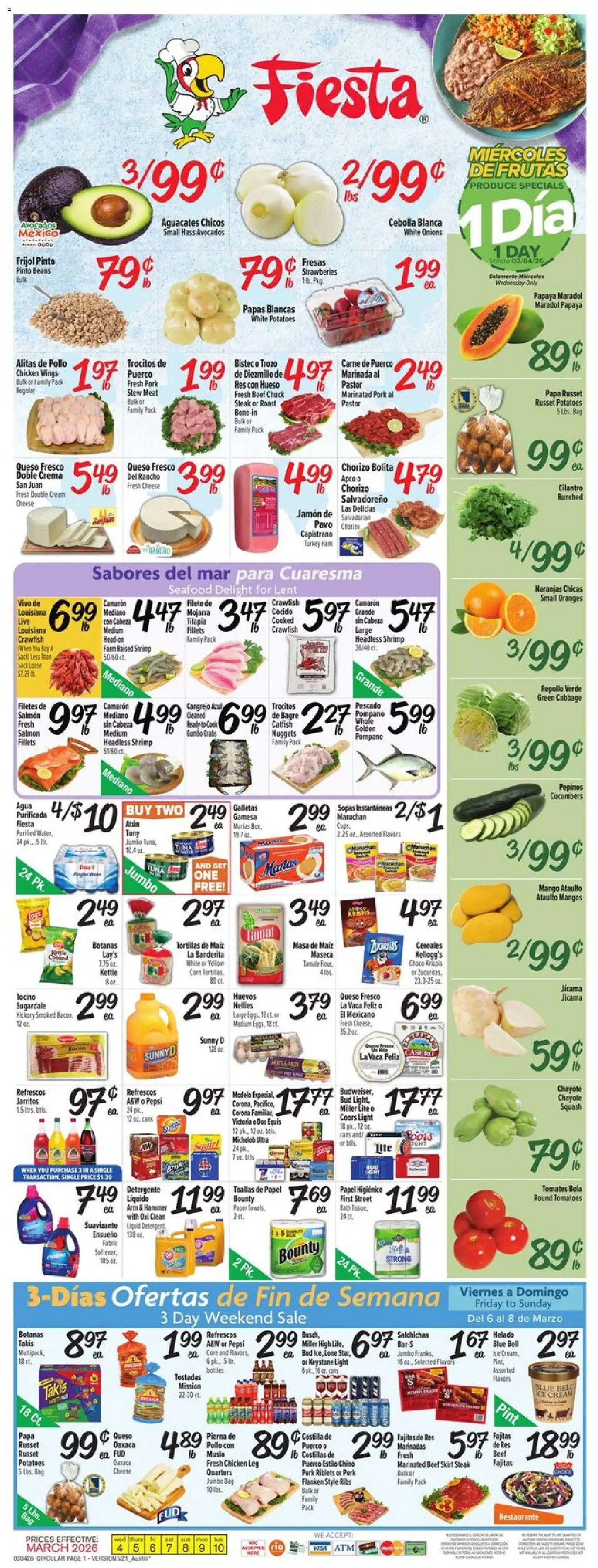 Fiesta Mart Weekly Ad - valid from 04.03.2026 | Page: 1 | Products: Ham, Pork, Tomatoes, Bag