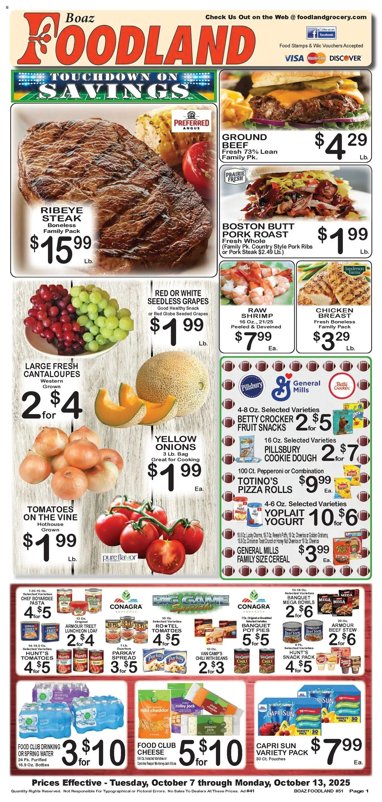 Foodland Weekly Ad - valid from 07.10.2025 | Page: 1 | Products: Cheese, Pork, Tomatoes, Pasta