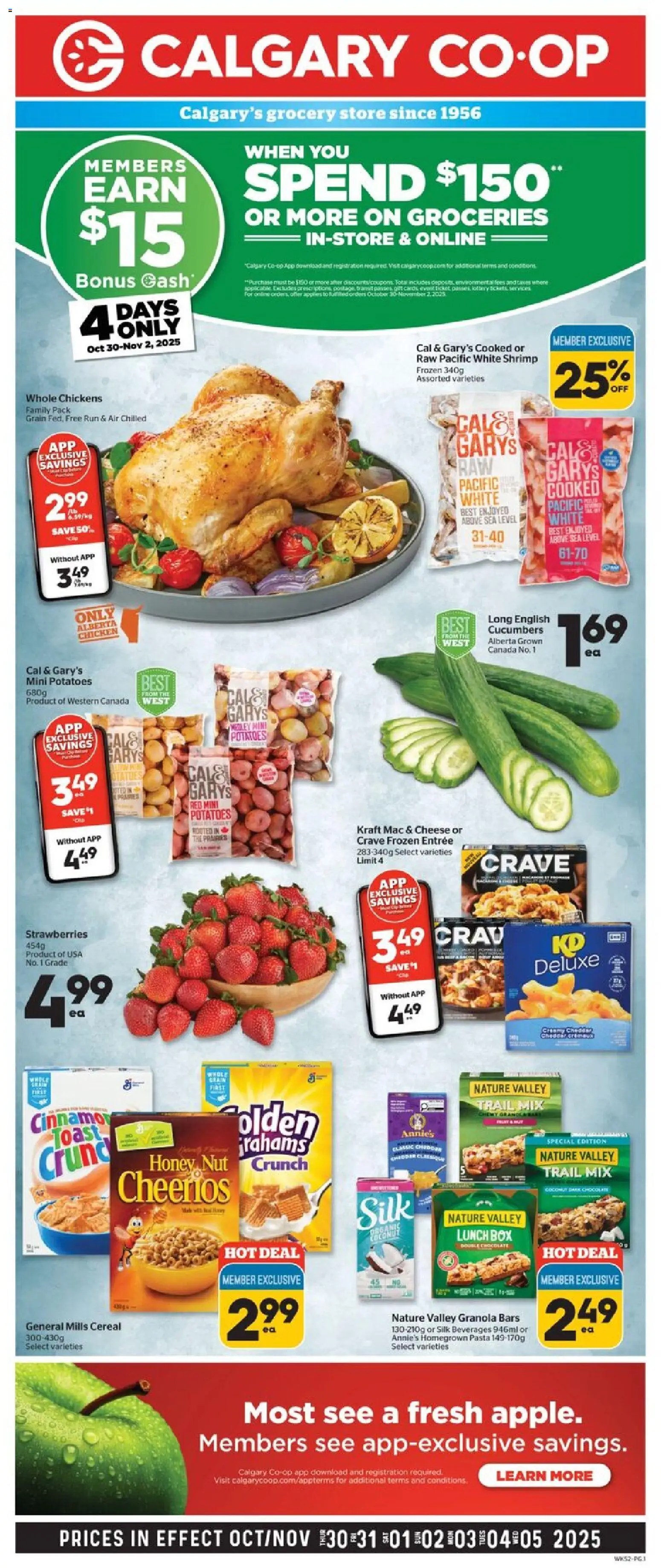 Calgary Co-op flyer valid from 30.10.2025 | Page: 1 | Products: Pasta, Potatoes, Cheese, Chicken