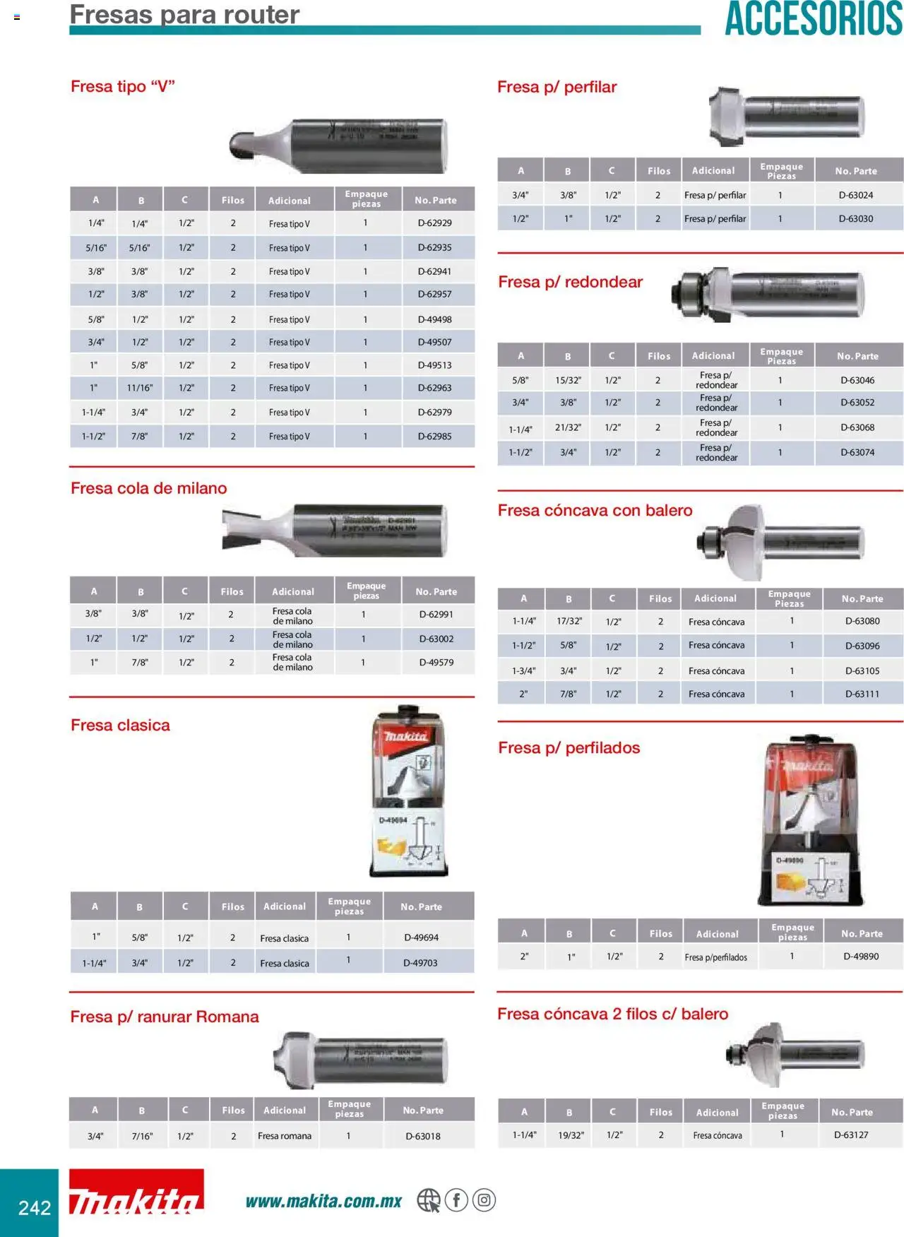 Nuevas ofertas de Makita válidas en toda la República Mexicana desde el 08.07.2024. ¡Encuentra las mejores ofertas en Makita catálogo Accesorios! | Página: 242 | Productos: Fresa, Fresas