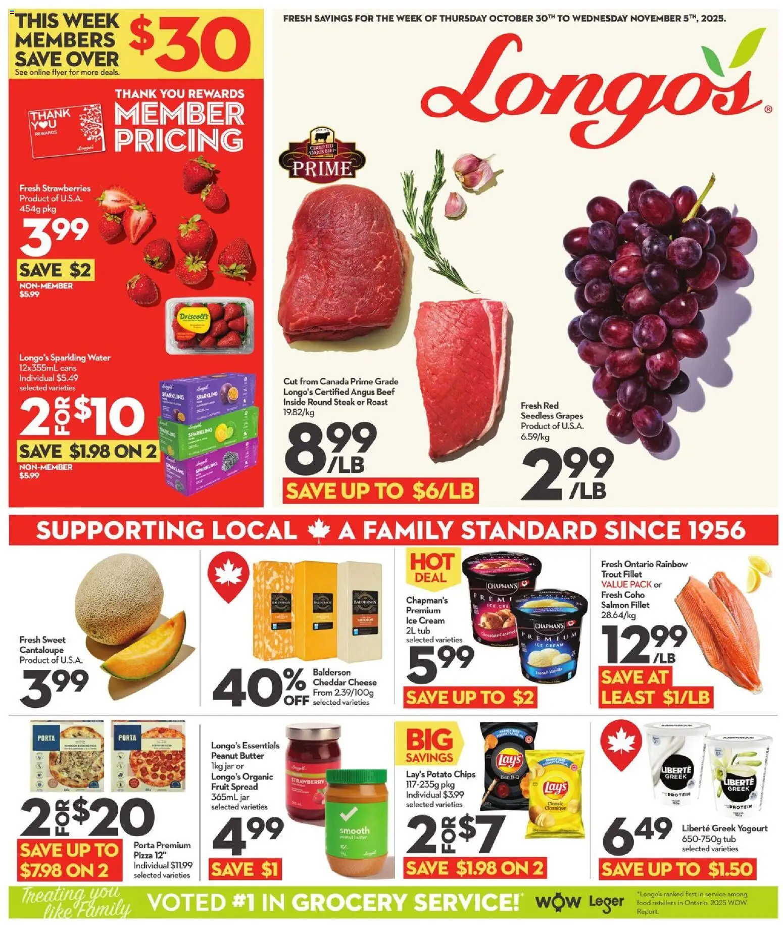 Longo's flyer valid from 30.10.2025 | Page: 1 | Products: Beef, Strawberries, Chips, Cream
