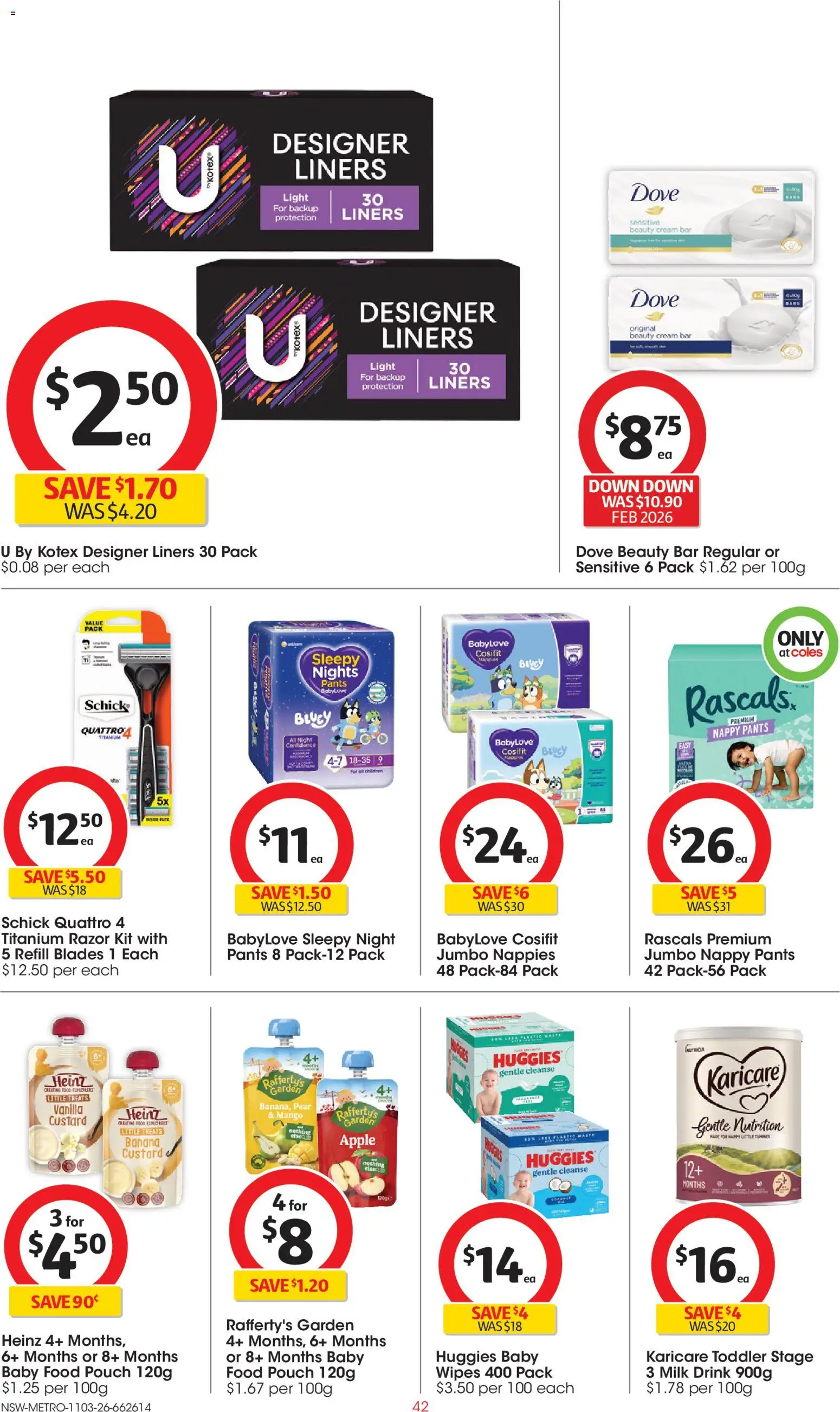 Coles catalogue - valid from 11.03.2026 | Page: 42 | Products: Milk, Nappies, Baby food, Pants