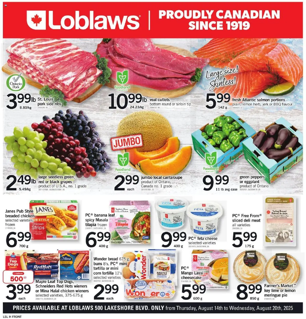 Loblaws flyer valid from 14.08.2025 | Page: 1 | Products: PC, Cheese, Bread, Pork