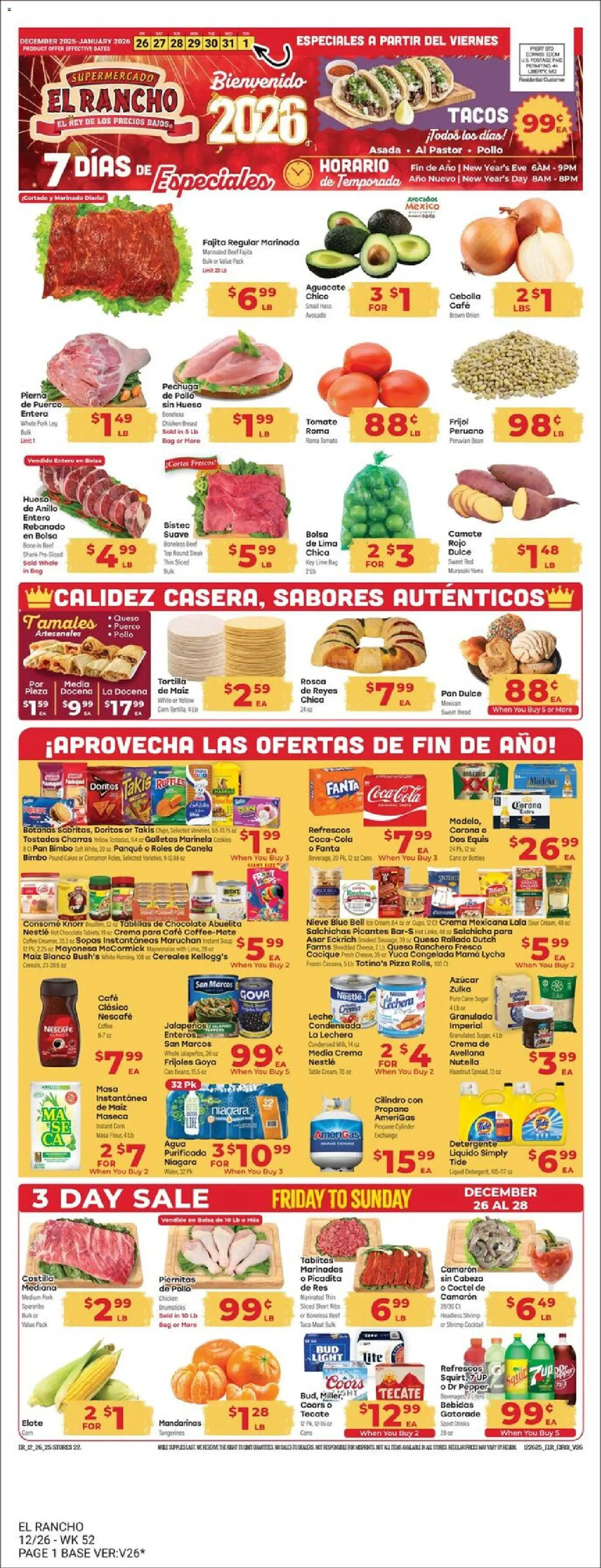 El Rancho Weekly Ad - valid from 26.12.2025 | Page: 1 | Products: Pizza, Pork, Cream, Cookies