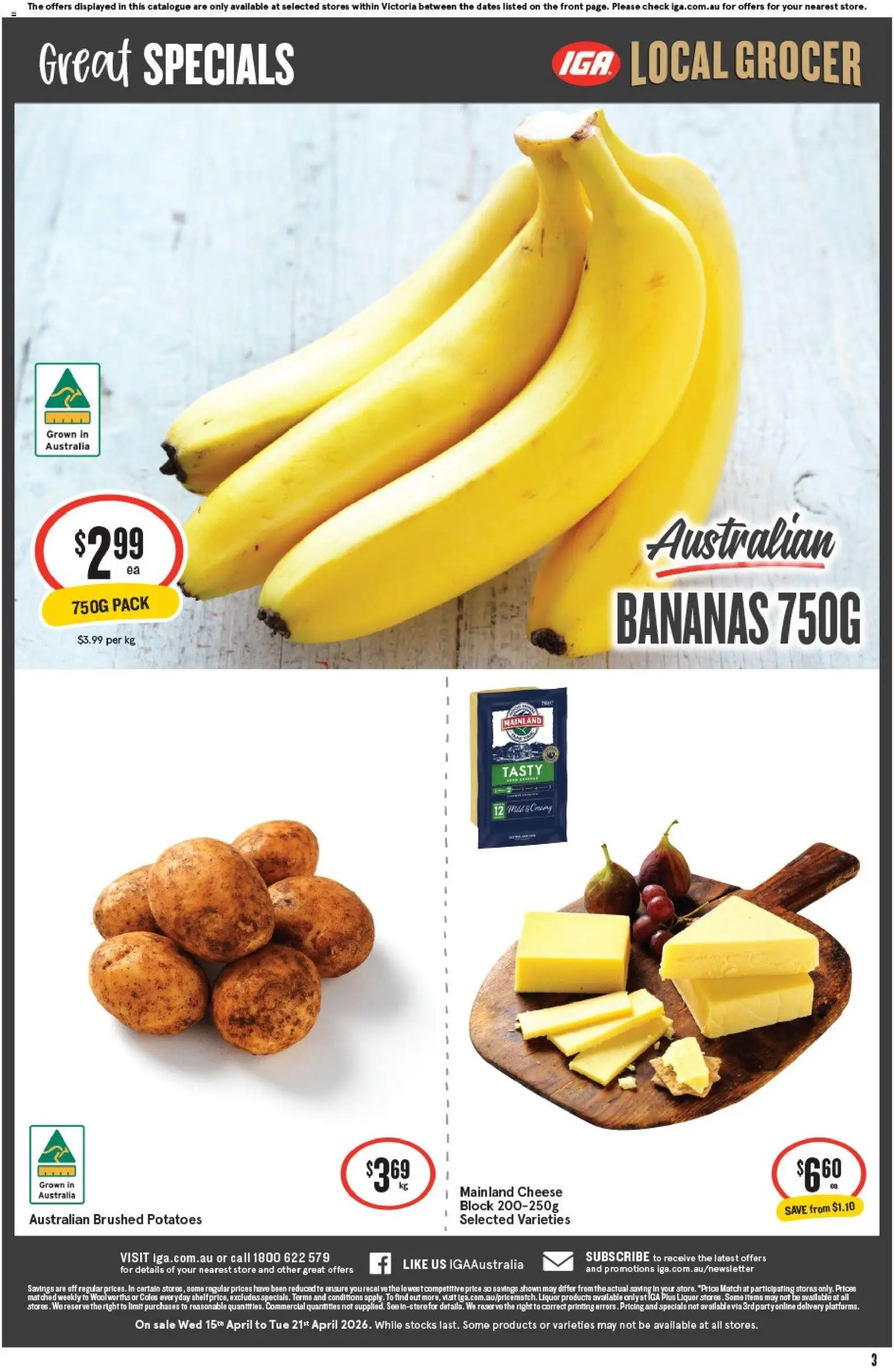 IGA catalogue - valid from 15.04.2026 | Page: 8 | Products: Cheese, Bananas, Potatoes