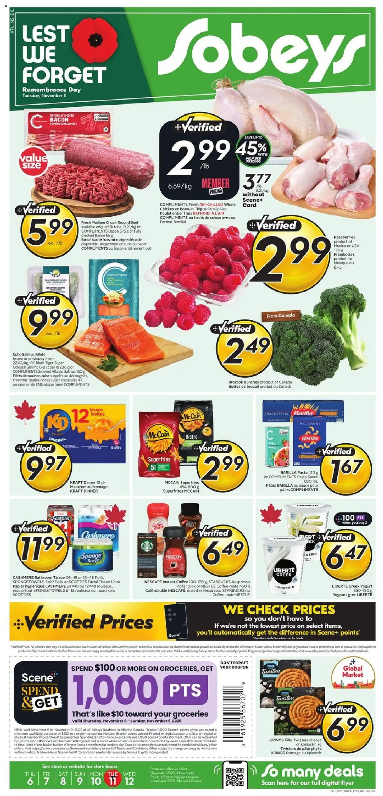 Sobeys flyer valid from 06.11.2025 | Page: 1 | Products: Sponge, Cheese, Yogurt, Coffee