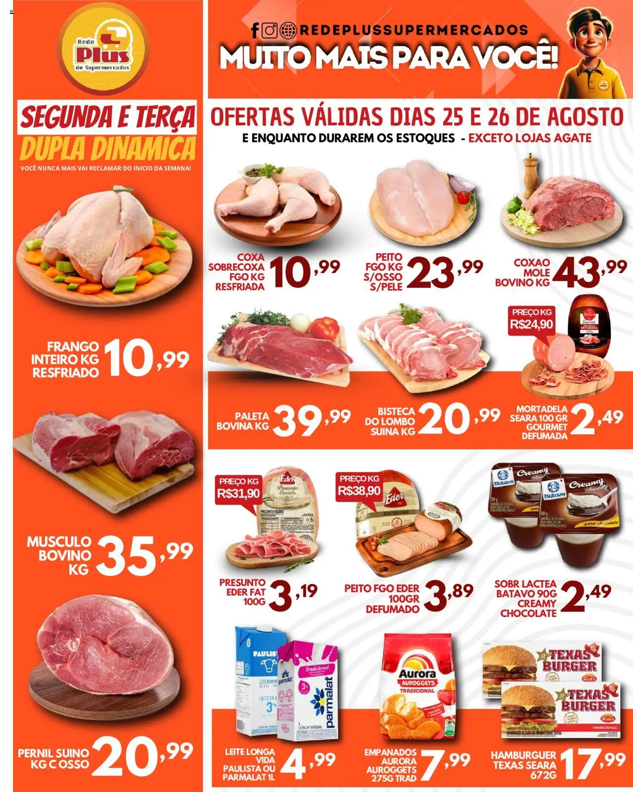 Rede Plus Supermercados Folheto - válido de 25.08.2025 | Página: 1 | Produtos: Chocolate, Mortadela, Hambúrguer, Frango