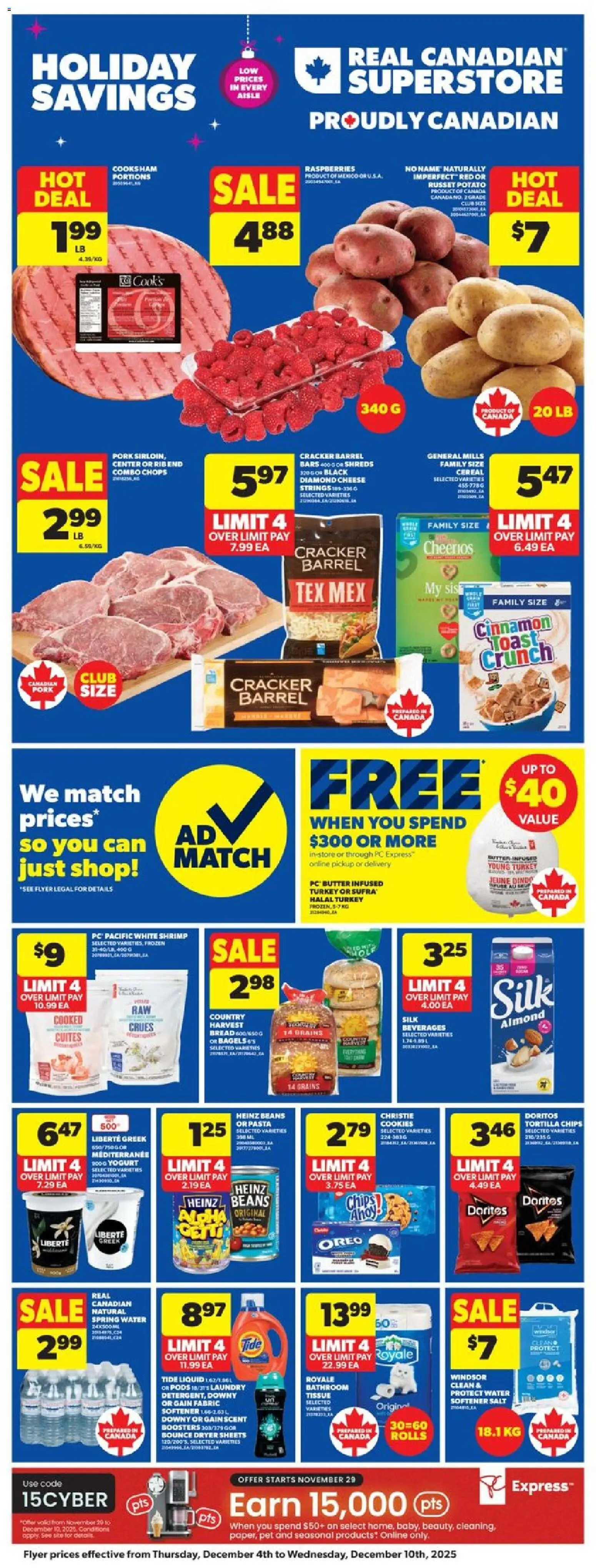 Real Canadian Superstore flyer valid from 04.12.2025 | Page: 4 | Products: Butter, Cheese, Yogurt, Pork