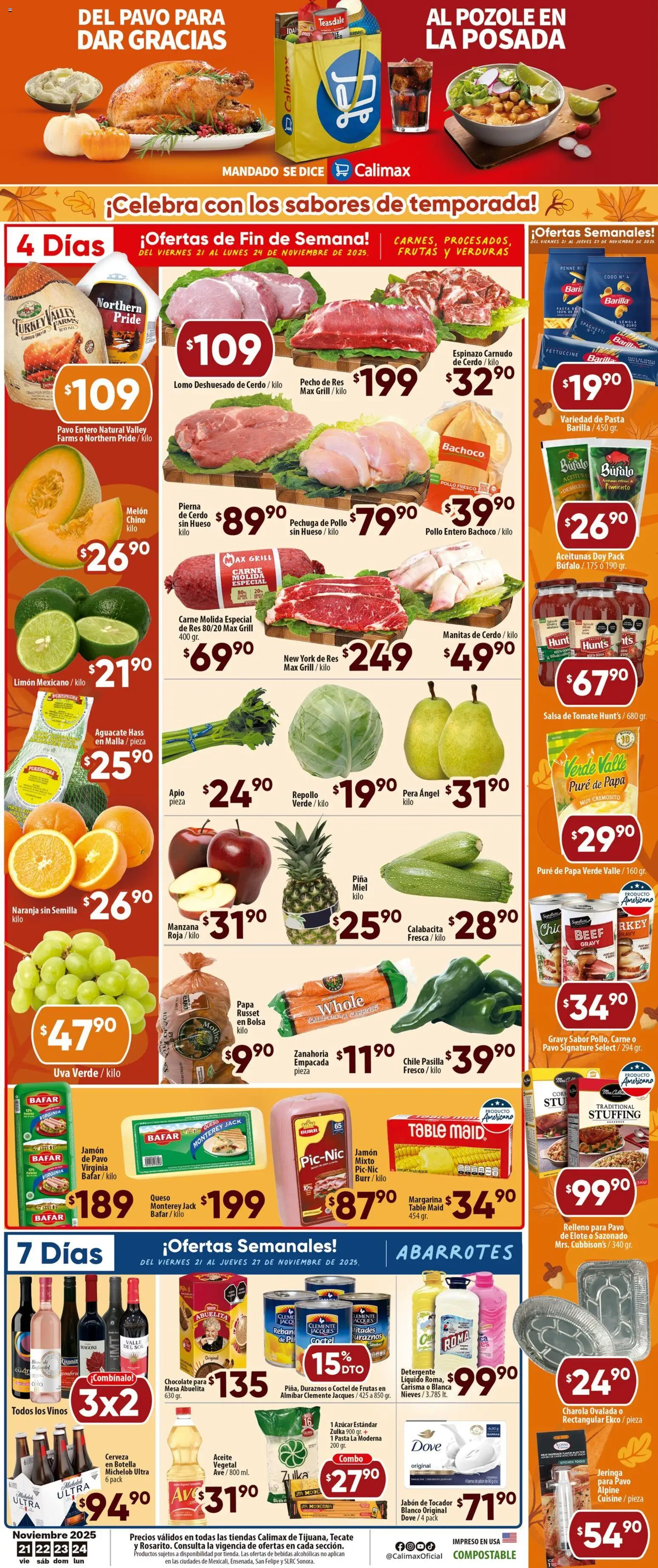 Nuevas ofertas de Calimax válidas en toda la República Mexicana desde el 21.11.2025. ¡Encuentra las mejores ofertas en Calimax folleto Tijuana! | Página: 1 | Productos: Aceite, Pimiento, Res, Mesa