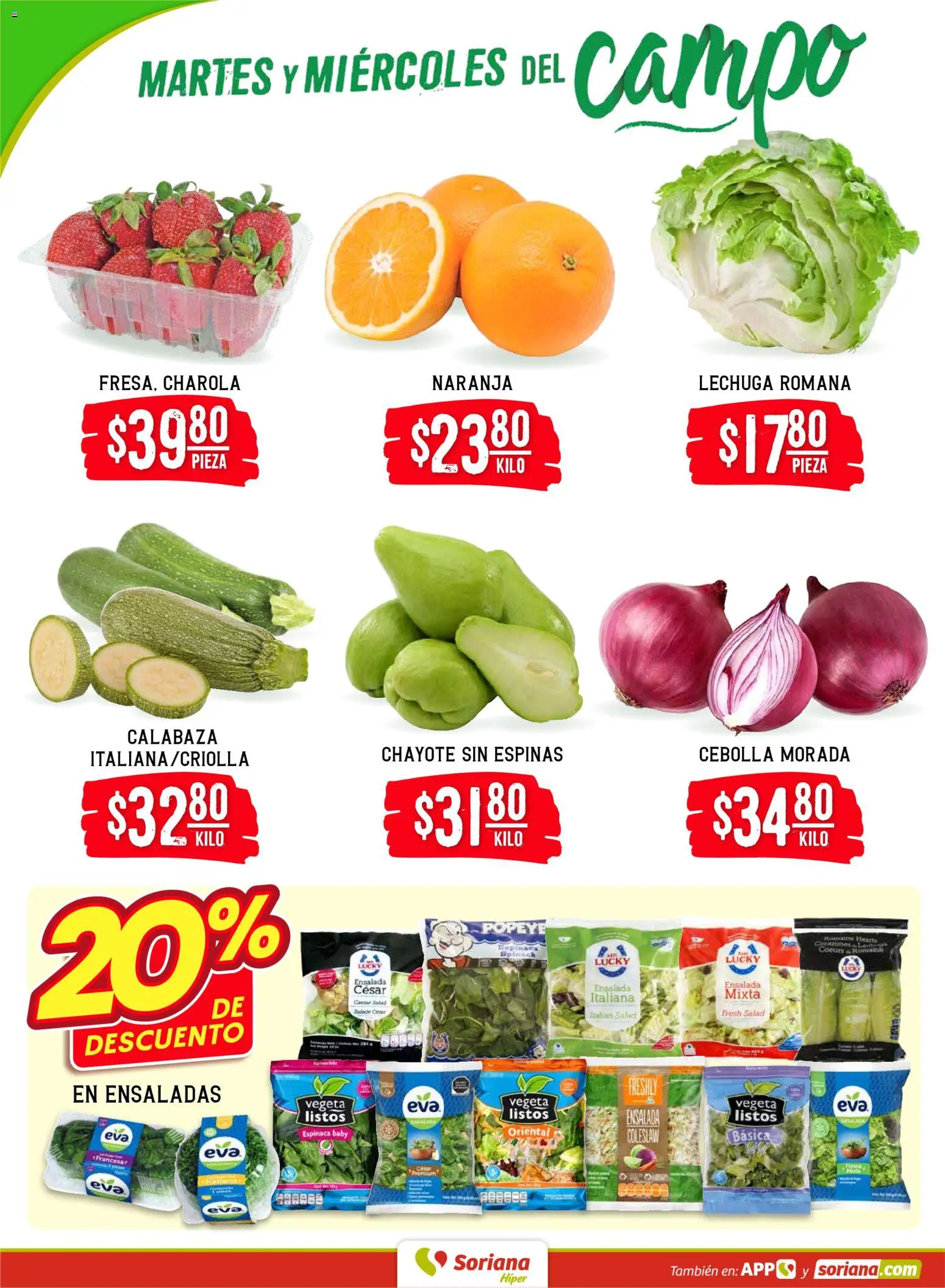 Nuevas ofertas de Soriana válidas en toda la República Mexicana desde el 27.01.2026. ¡Encuentra las mejores ofertas en Soriana - Martes y Miércoles del Campo Híper: Nuevo León, Ciudad Victoria y Tampico! | Página: 2 | Productos: Cebolla, Lechuga, Espinaca, Ensalada