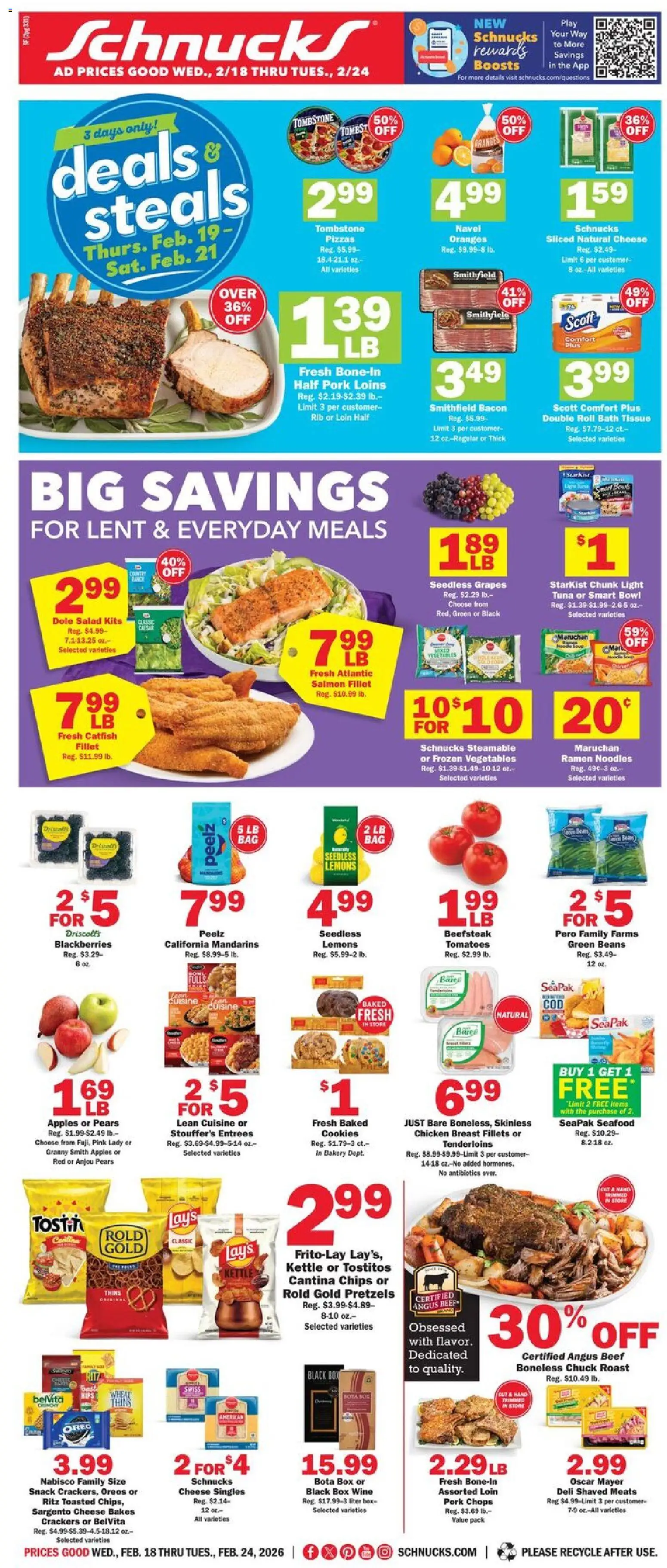 Schnucks Weekly Print Ad - IN - valid from 18.02.2026 | Page: 1 | Products: Bakery, Pork, Chips, Kettle