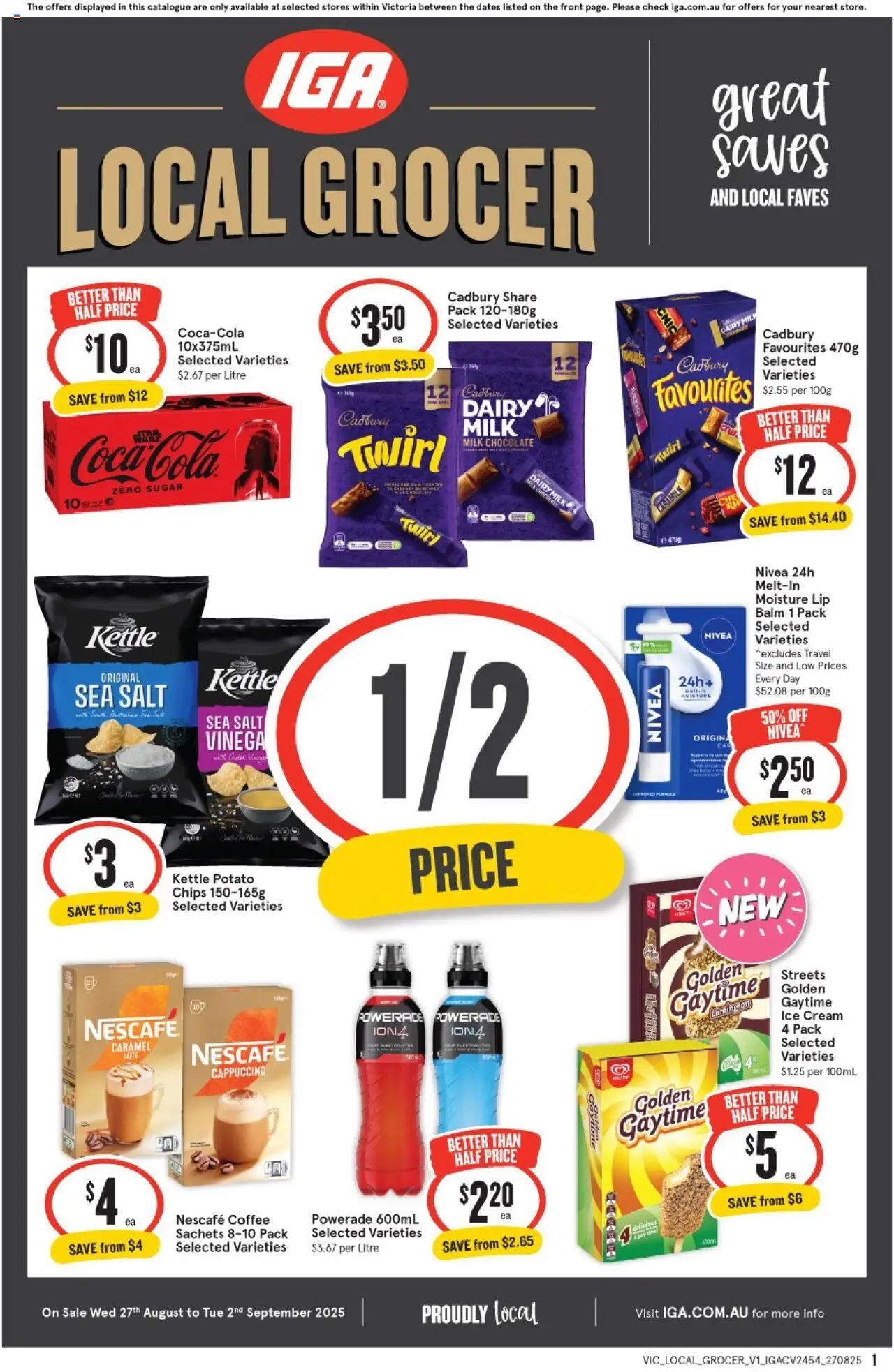 IGA catalogue - valid from 27.08.2025 | Page: 1 | Products: Dairy, Chips, Sugar, Nescafe