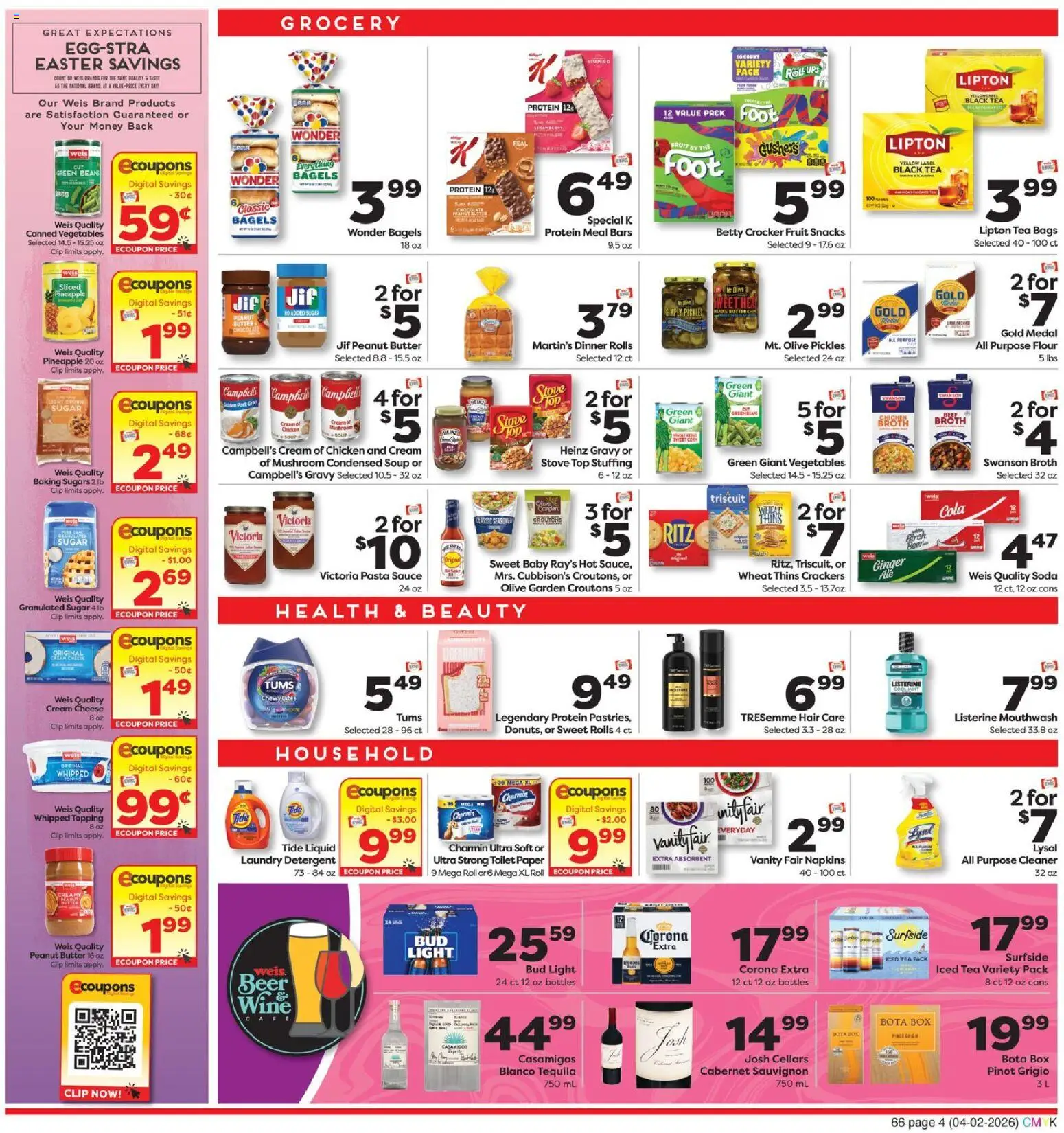 Weis Weekly Ad - valid from 02.04.2026 | Page: 4 | Products: Wine, Mouthwash, Pineapple, Sauce