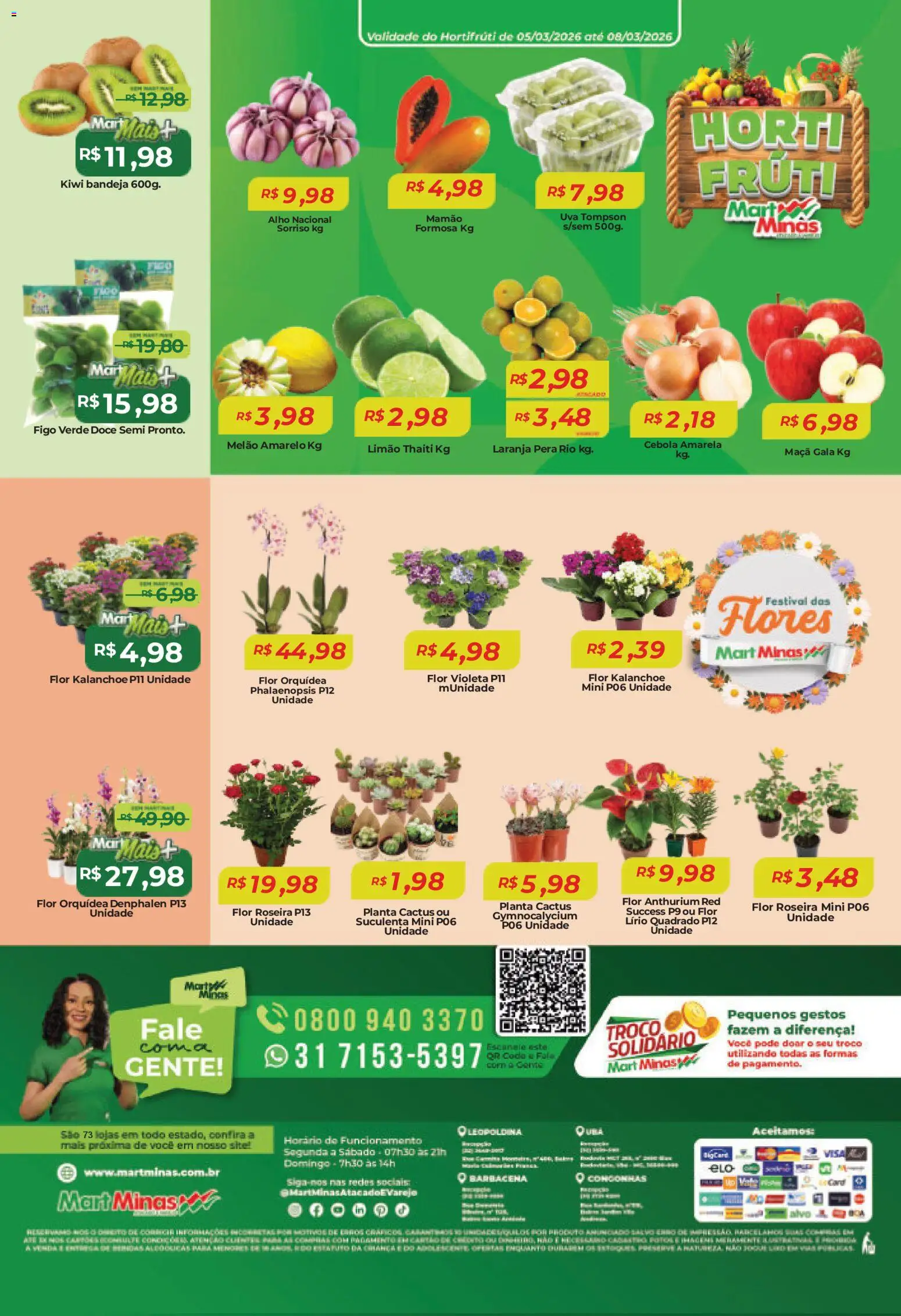 Mart Minas Folheto - válido de 05.03.2026 | Página: 8 | Produtos: Melão, Pera, Flores, Bandeja