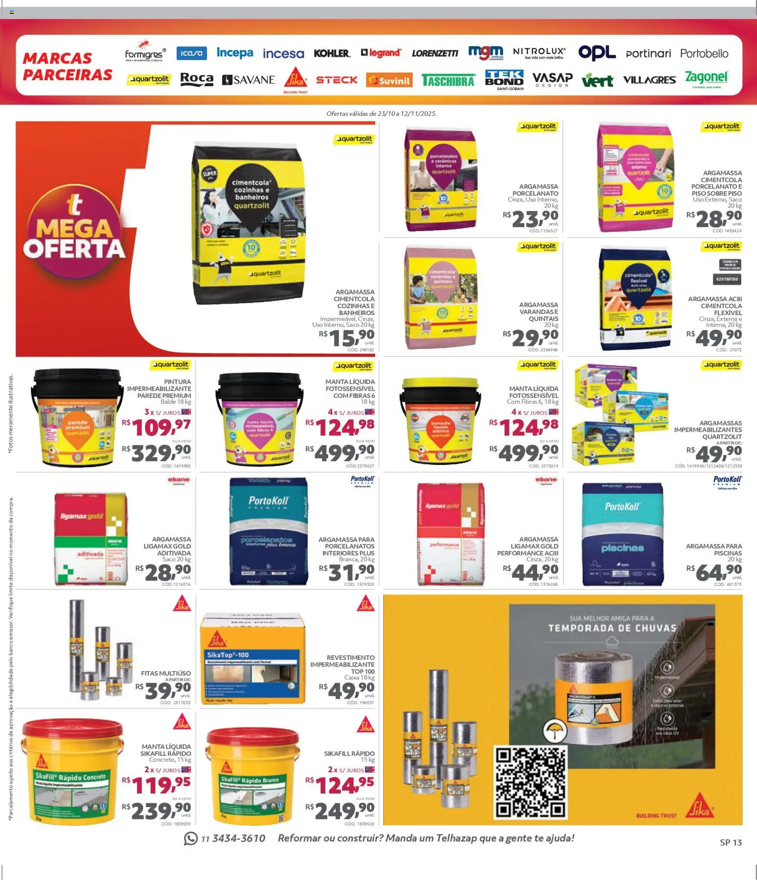 Telhanorte Folheto - válido de 23.10.2025 | Página: 13 | Produtos: Argamassa, Piso, Porcelanato, Borracha