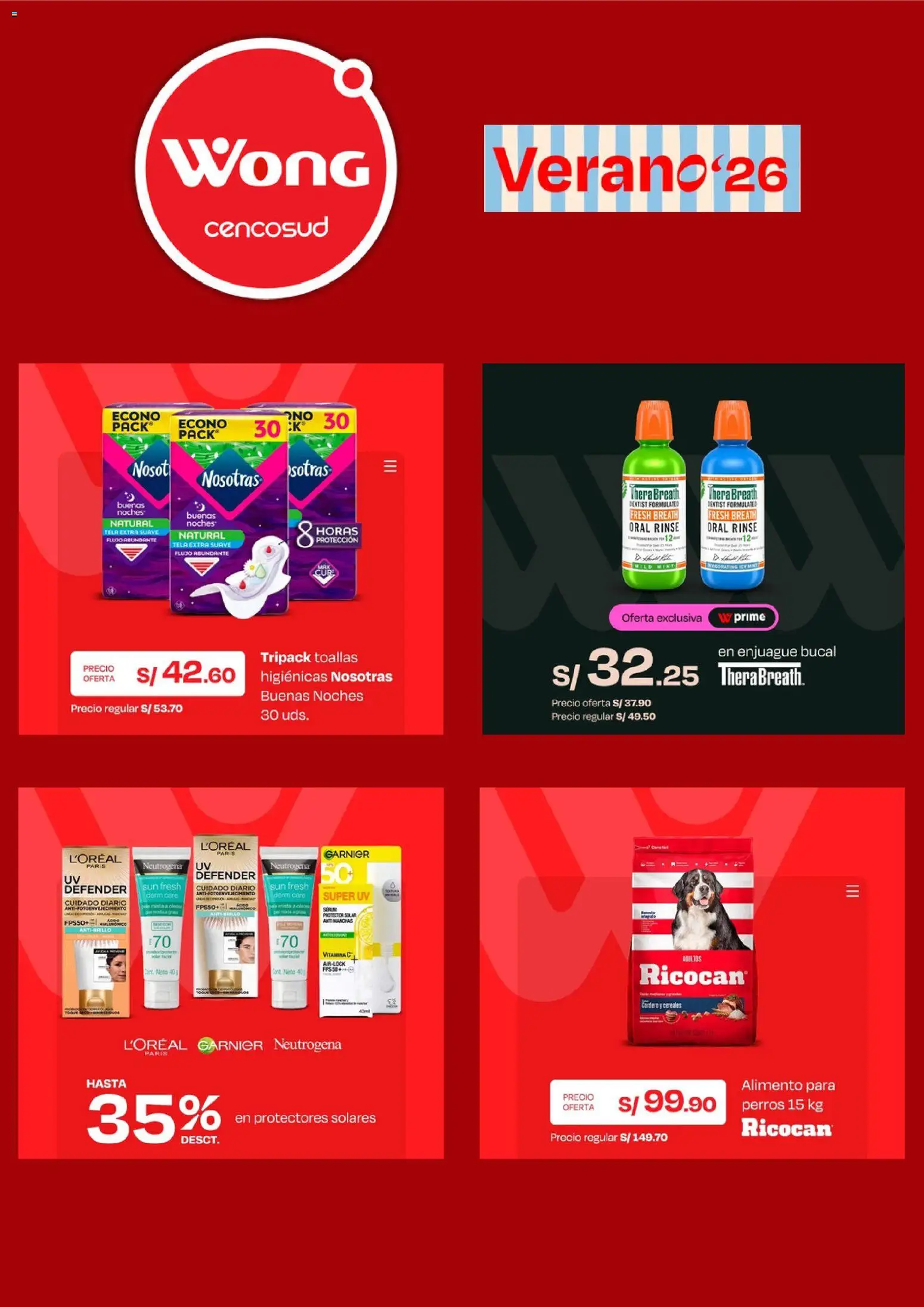 Catálogo Wong válido desde 23.03.2026 | Página: 3 | Productos: Protector solar, Enjuague bucal, Cereales