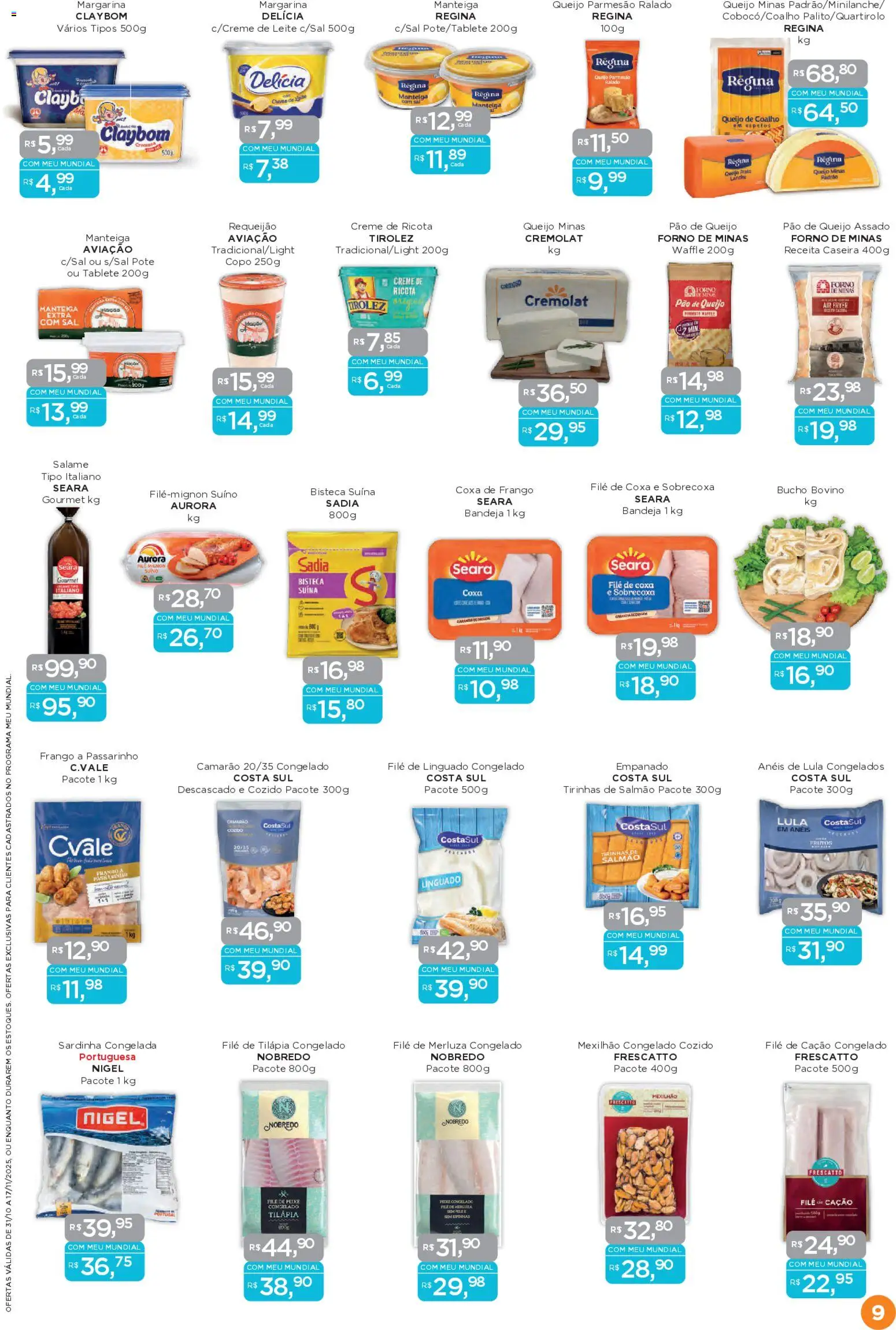 Mundial Folheto - válido de 31.10.2025 | Página: 9 | Produtos: Coxa de frango, Linguado, Tilápia, Margarina