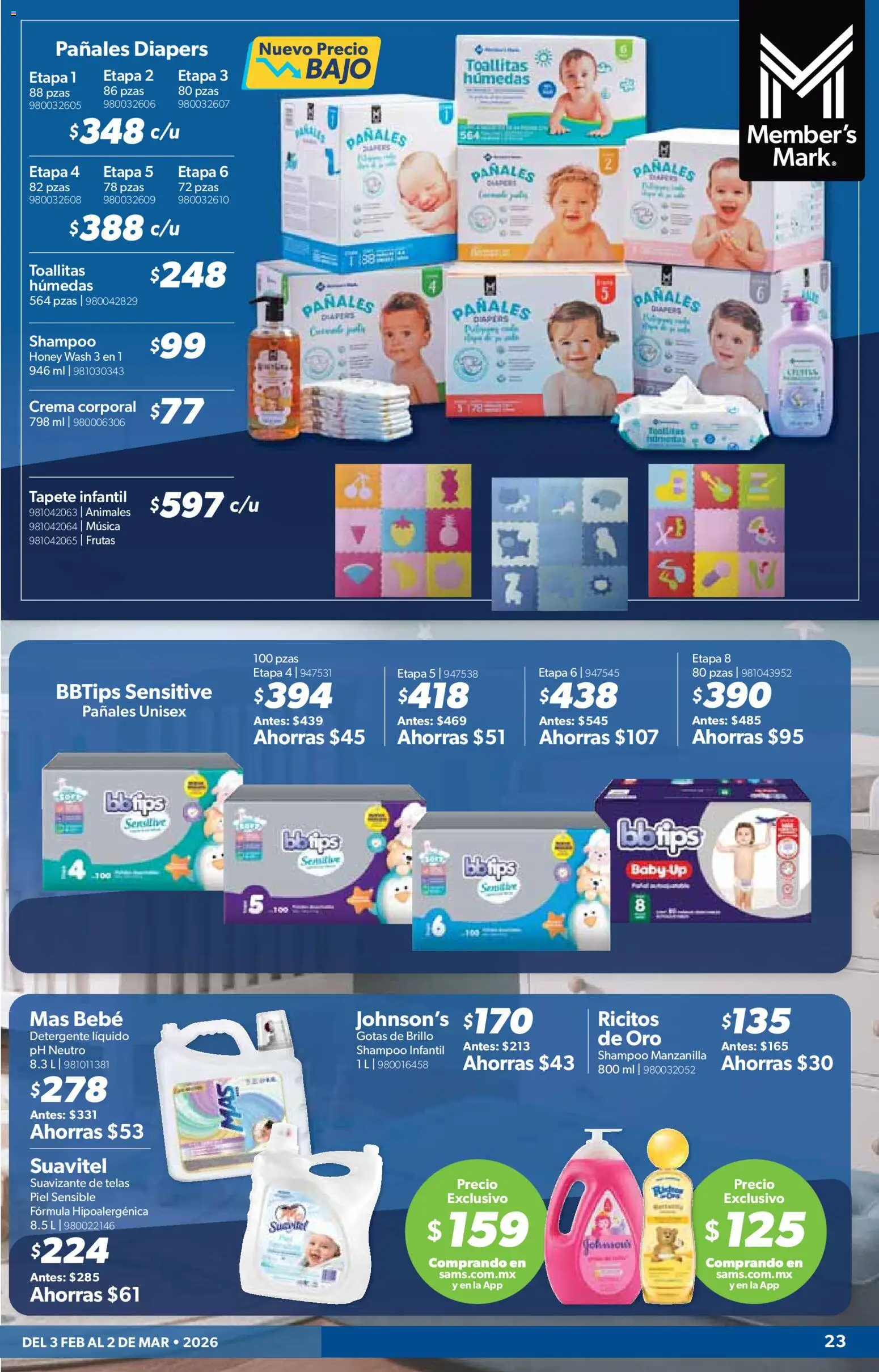 Nuevas ofertas de Sam's Club válidas en toda la República Mexicana desde el 03.02.2026. ¡Encuentra las mejores ofertas en Sam's Club catálogo! | Página: 23 | Productos: Toallitas húmedas, Suavizante, Suavizante de telas, Tapete