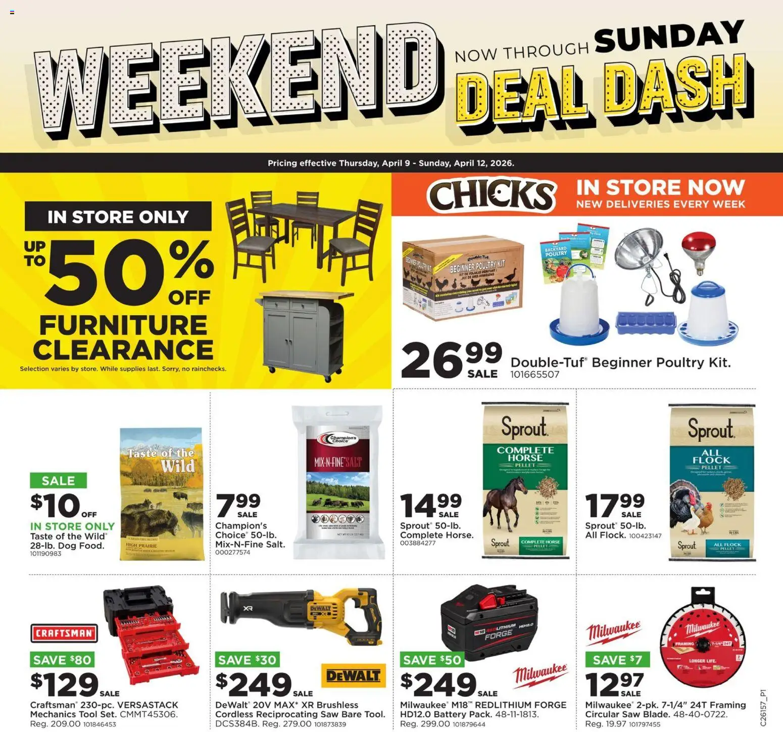 Mills Fleet Farm Weekend Ad - valid from 09.04.2026 | Page: 1 | Products: Saw, Battery, Salt, Poultry