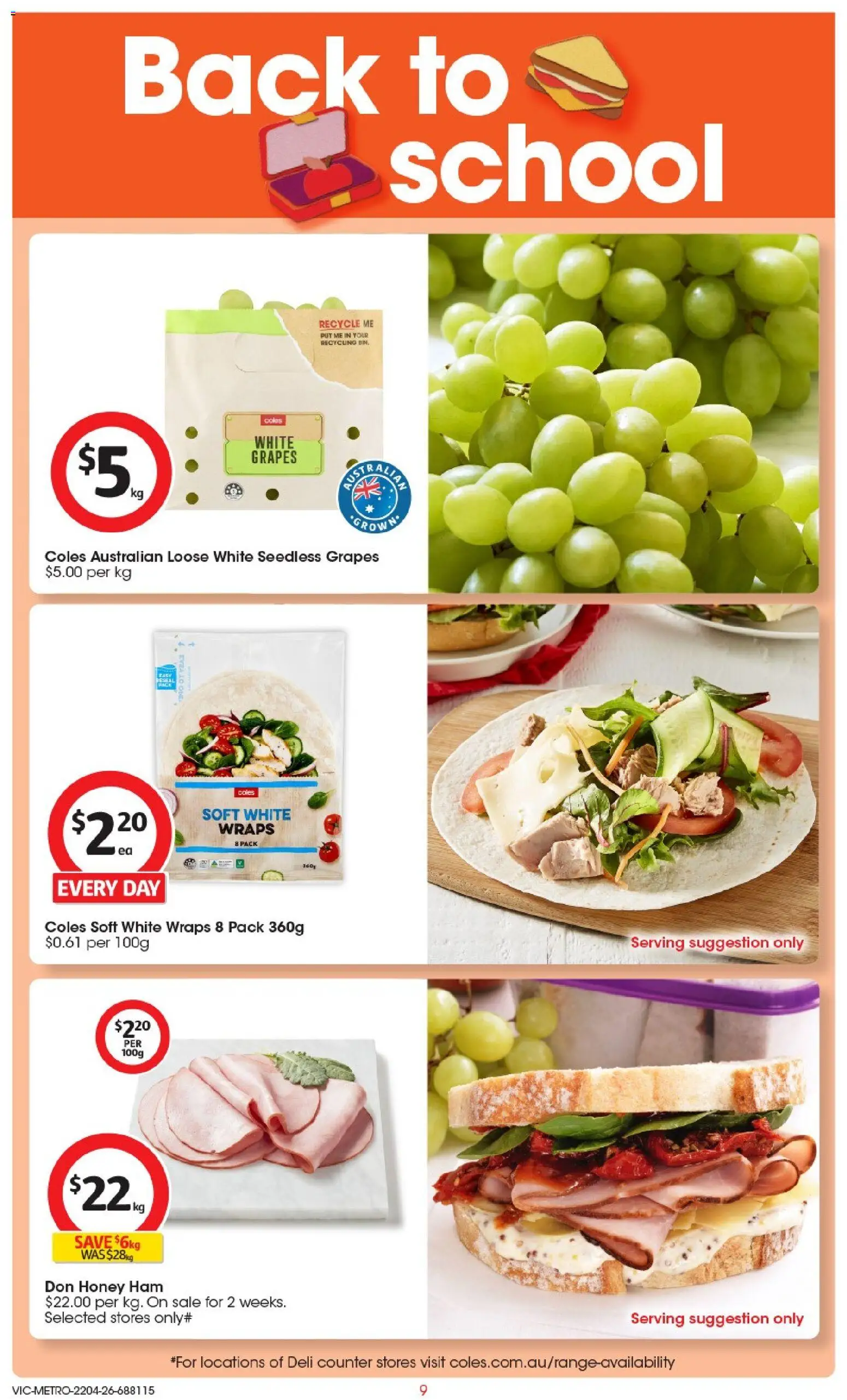 Coles catalogue - valid from 22.04.2026 | Page: 9 | Products: Ham, Honey, Grapes