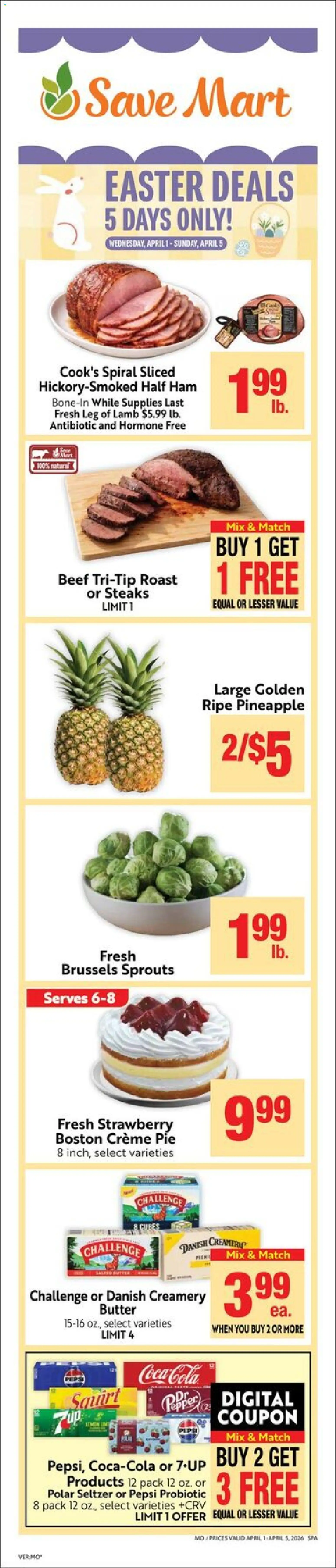 Save Mart Weekly - CA - valid from 01.04.2026 | Page: 5 | Products: Brussels Sprouts, Ham, Pineapple, Pepper