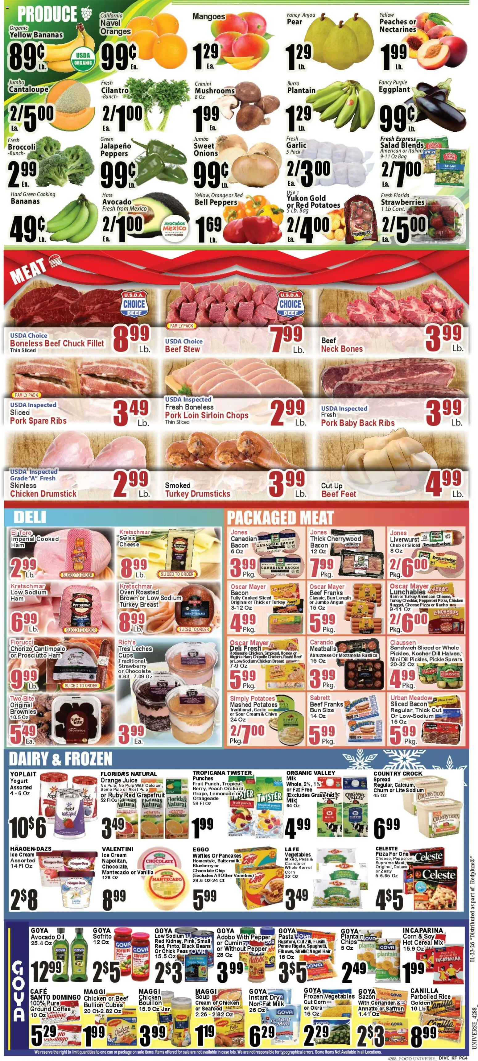 Food Universe Weekly Ad - valid from 23.01.2026 | Page: 4 | Products: Ham, Juice, Sour cream, Bag