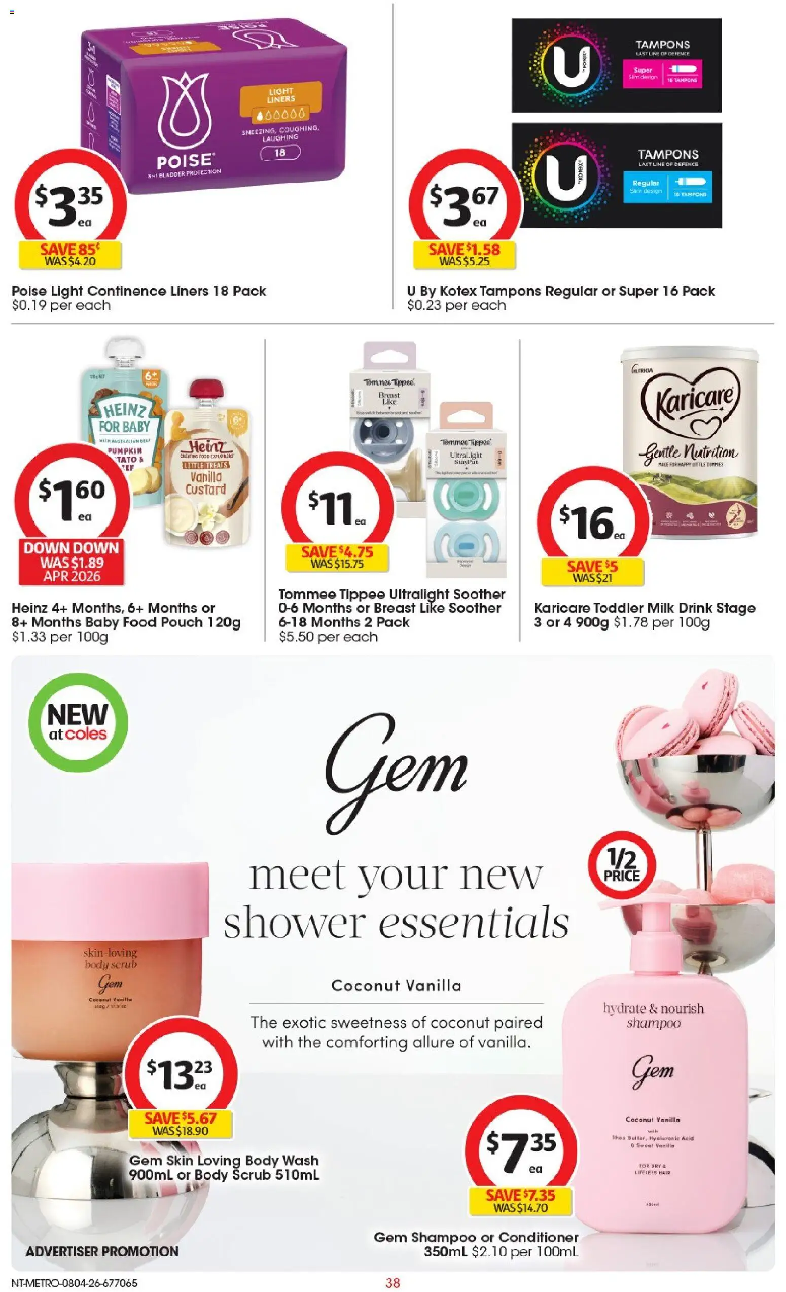 Coles catalogue - valid from 08.04.2026 | Page: 38 | Products: Gem, Milk, Shampoo, Body scrub