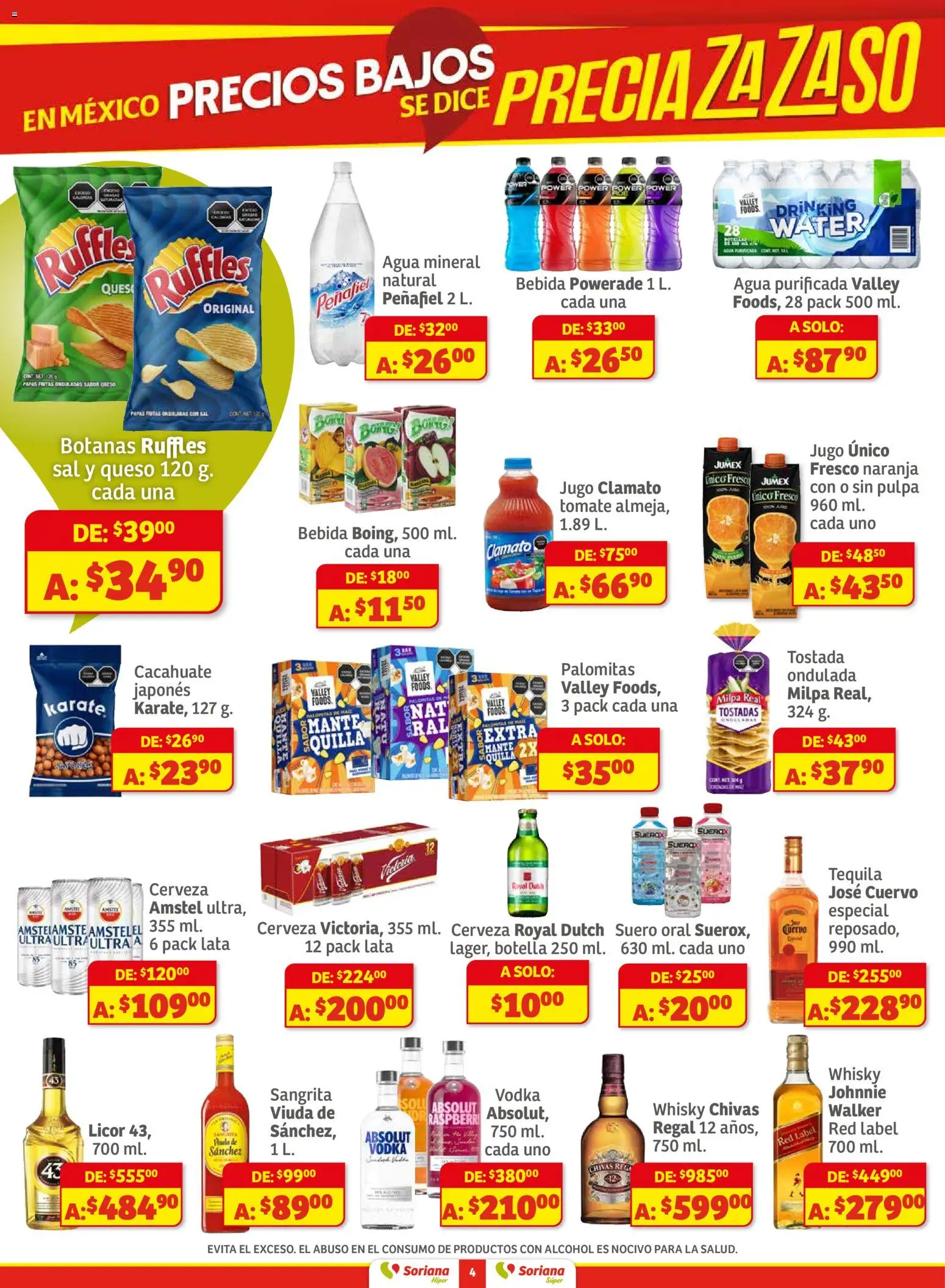 Nuevas ofertas de Soriana válidas en toda la República Mexicana desde el 27.11.2025. ¡Encuentra las mejores ofertas en Soriana - Preciazazaso Híper: Edo Mex, Gro, Hgo, Mor, Pue, Qto, Tlax, Ver! | Página: 4 | Productos: Sal, Queso, Botella, Whisky