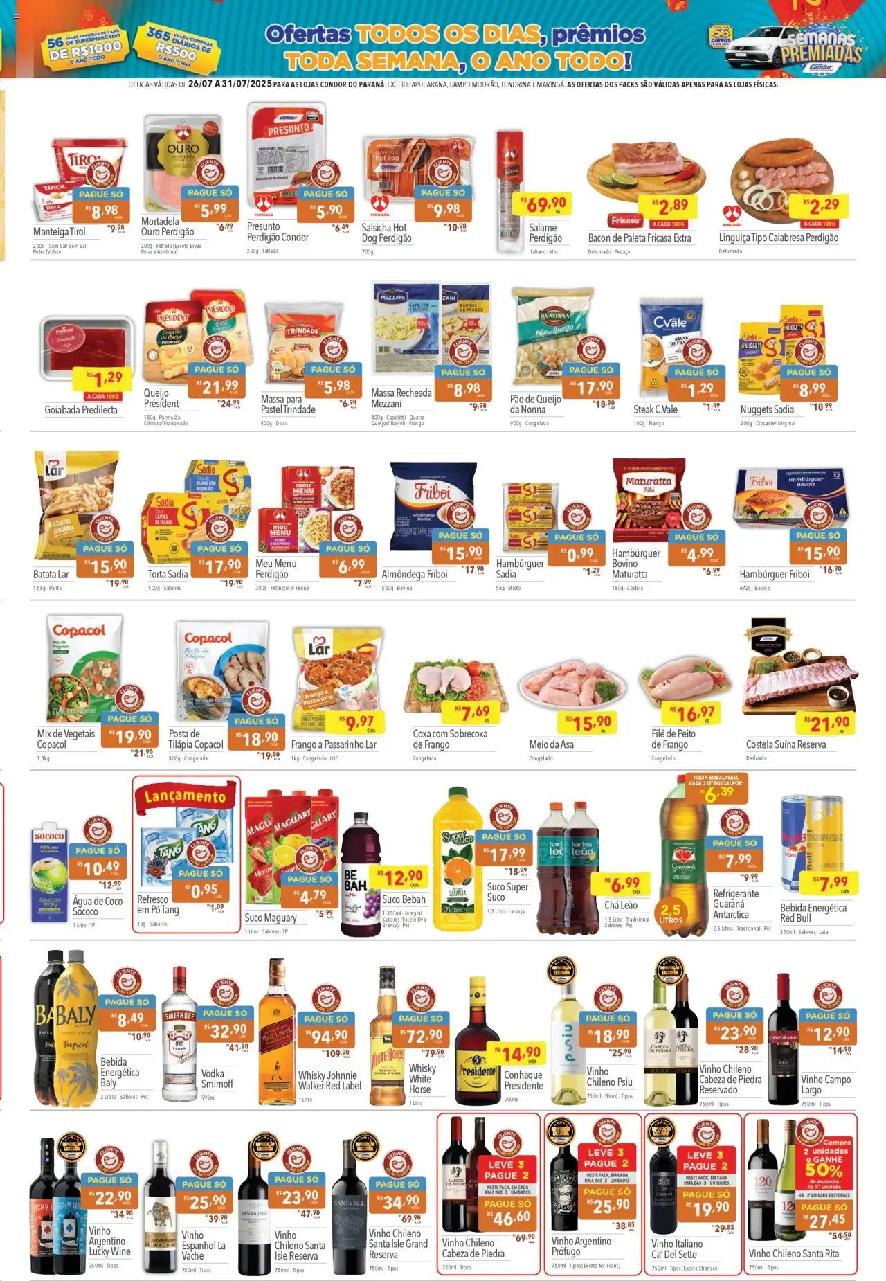 Supermercados Condor Folheto - válido de 26.07.2025 | Página: 3 | Produtos: Conhaque, Tilápia, Mortadela, Pão de queijo