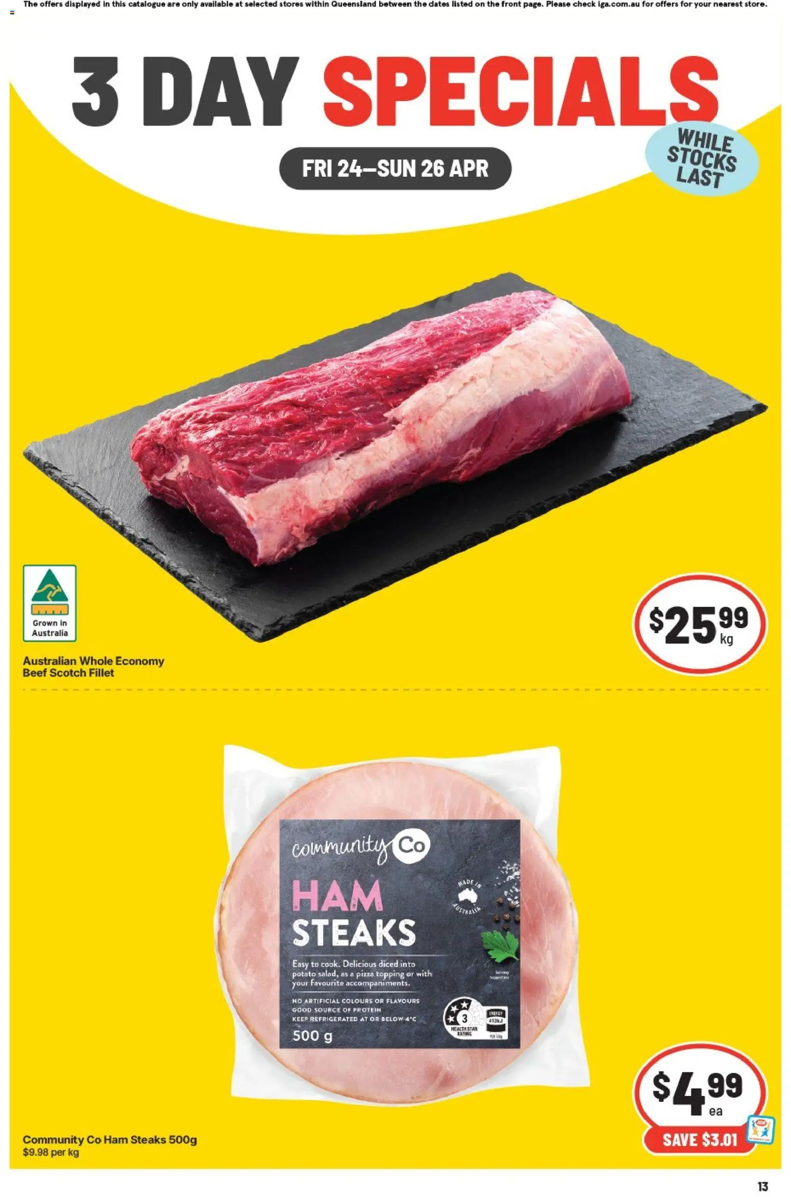 IGA catalogue - valid from 24.04.2026 | Page: 1 | Products: Ham, Pizza, Beef, Scotch