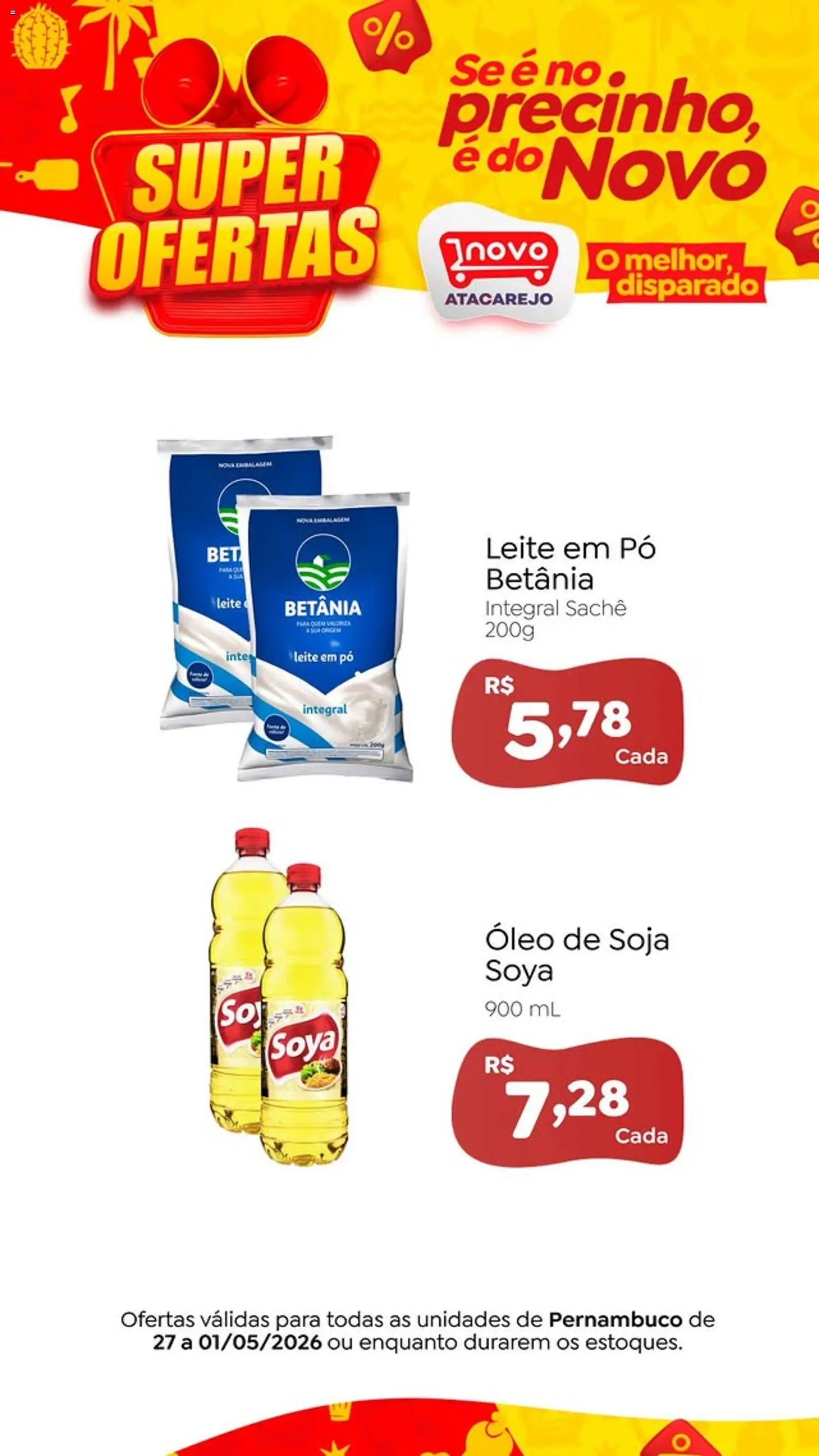 Novo Atacarejo Folheto - válido de 27.04.2026 | Página: 1 | Produtos: Leite, Óleo, Soja, Leite em pó