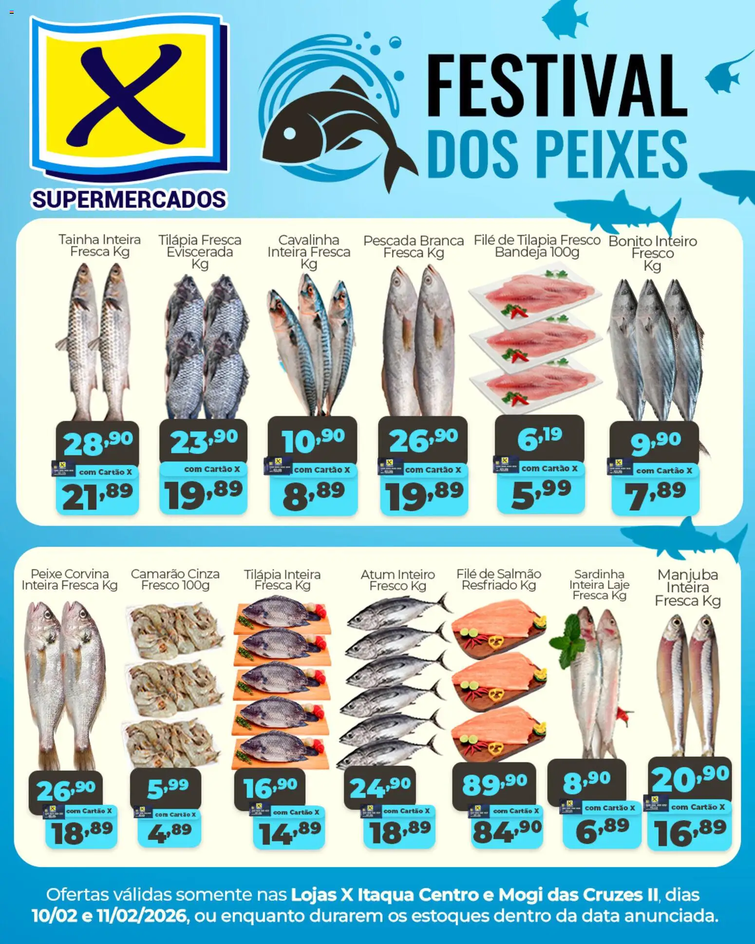 X Supermercados Folheto - válido de 10.02.2026 | Página: 1 | Produtos: Salmão, Camarão, Atum, Filé de tilápia